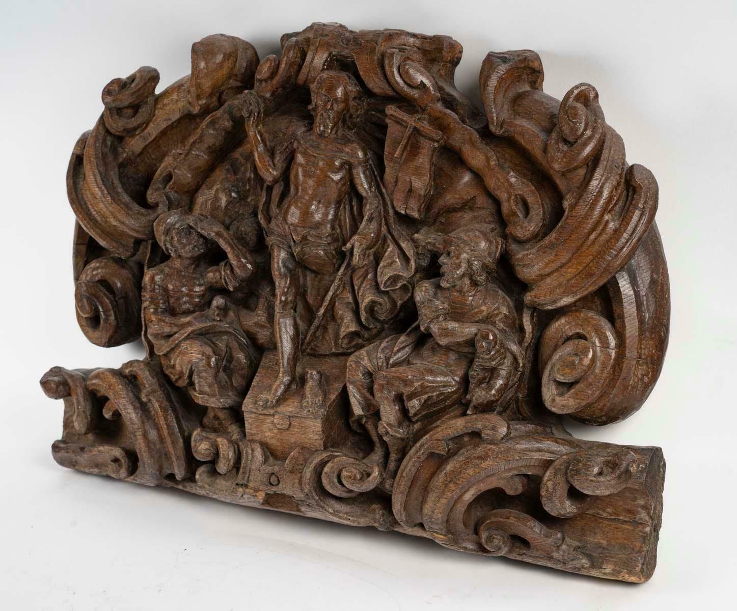 Oak Sculpture Of Christ Emerging From The Tomb, Surrounded By Roman Soldiers. photo buy