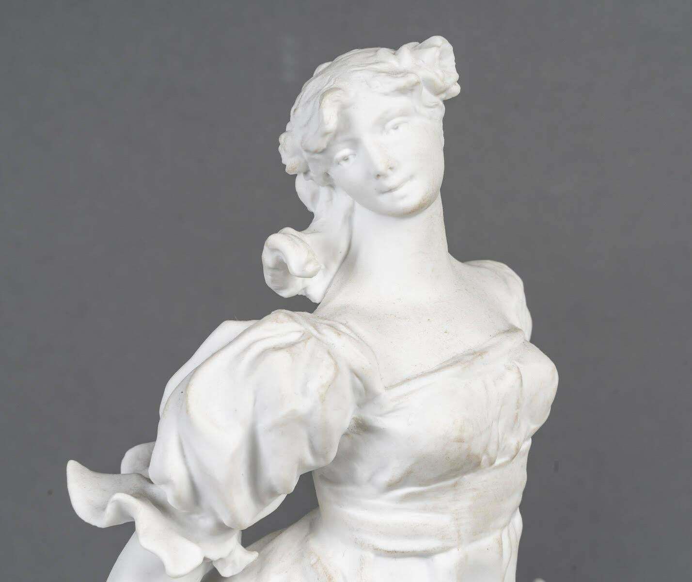 Pair Of Biscuit Sculptures, 1900, On An Attractive Gilded Carved Wood Base. photo for sale