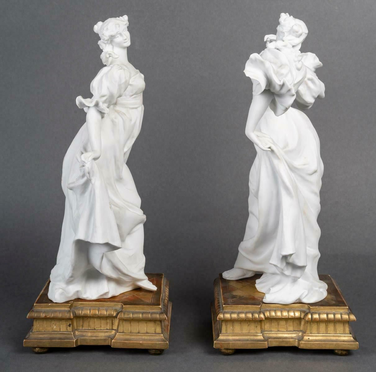 Pair Of Biscuit Sculptures, 1900, On An Attractive Gilded Carved Wood Base. photo Art