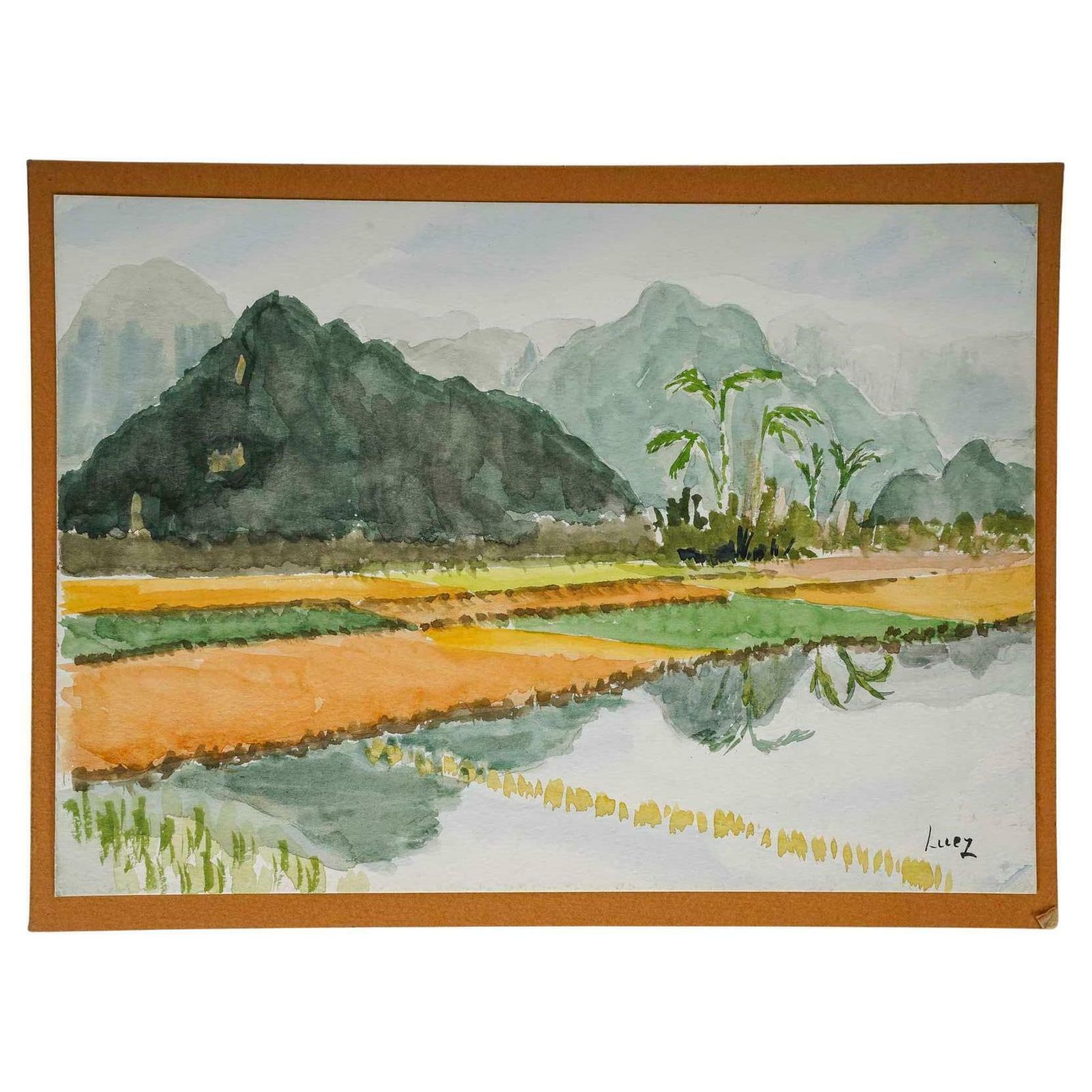 Watercolour Of A Rice Plantation In An Asian Landscape, 20th Century.