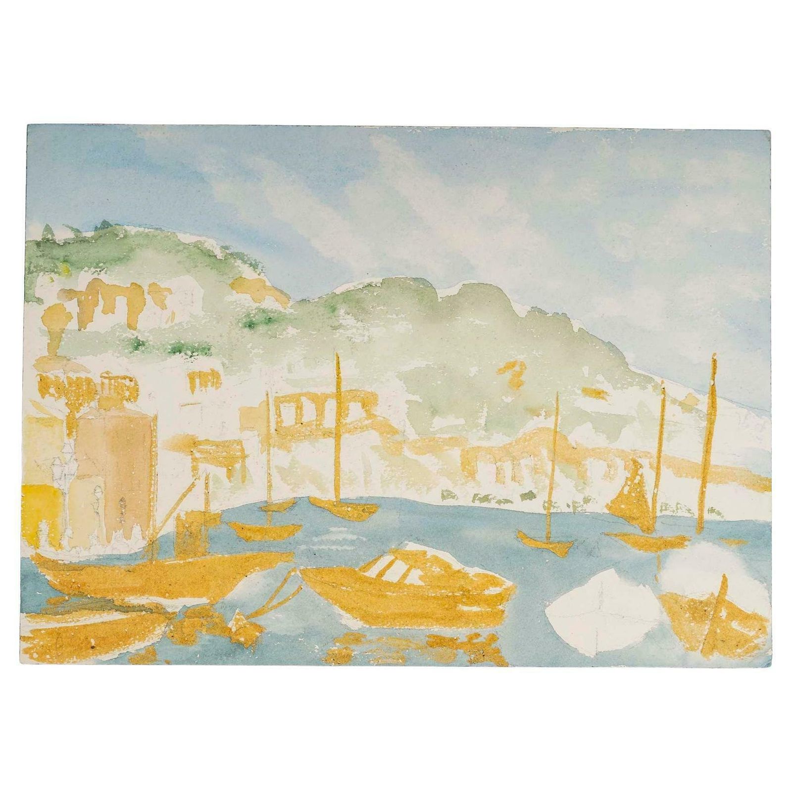Watercolour Of A Port With Its Boats, 20th Century.