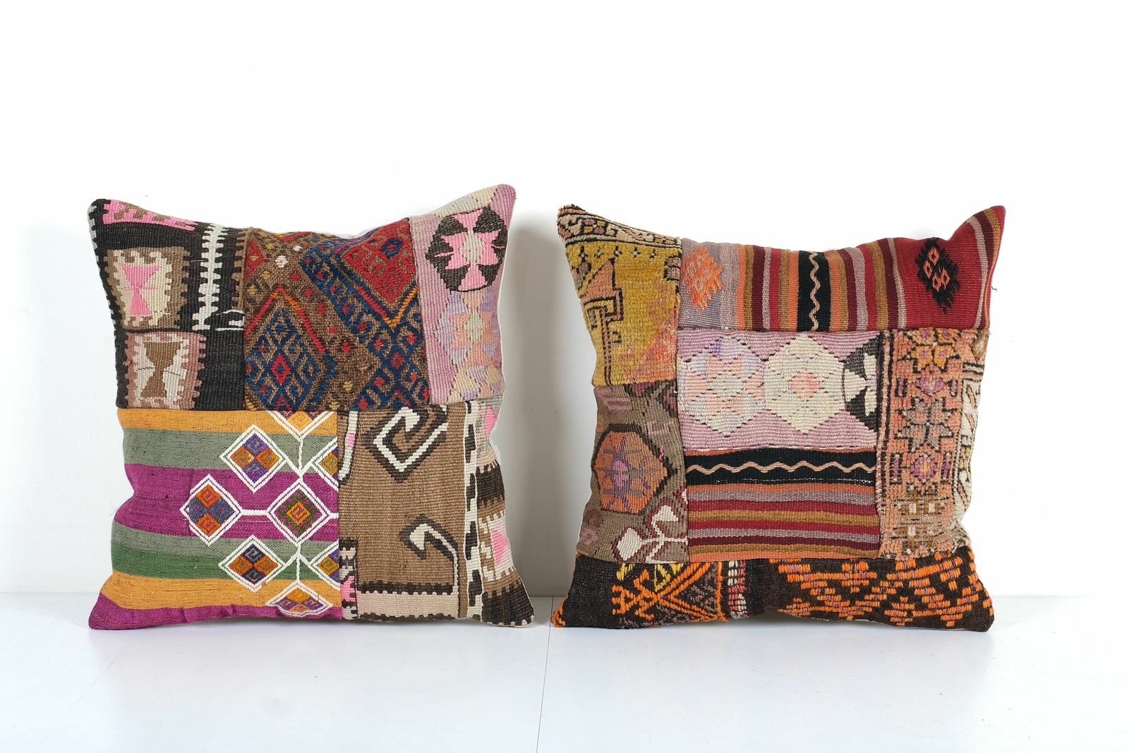 Unique Wool Patchwork Kilim Pillow, Tribal Couch Pillow, Set Of Two Decorative Turkish Kilim Pillow photo for sale