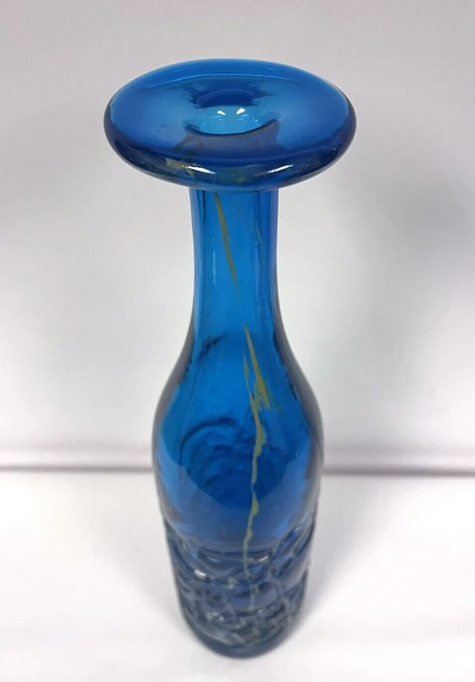 Vintage 1970s Tall Handblown Blue Glass Threaded Bottle Vase Mdina Malta photo Home Decor