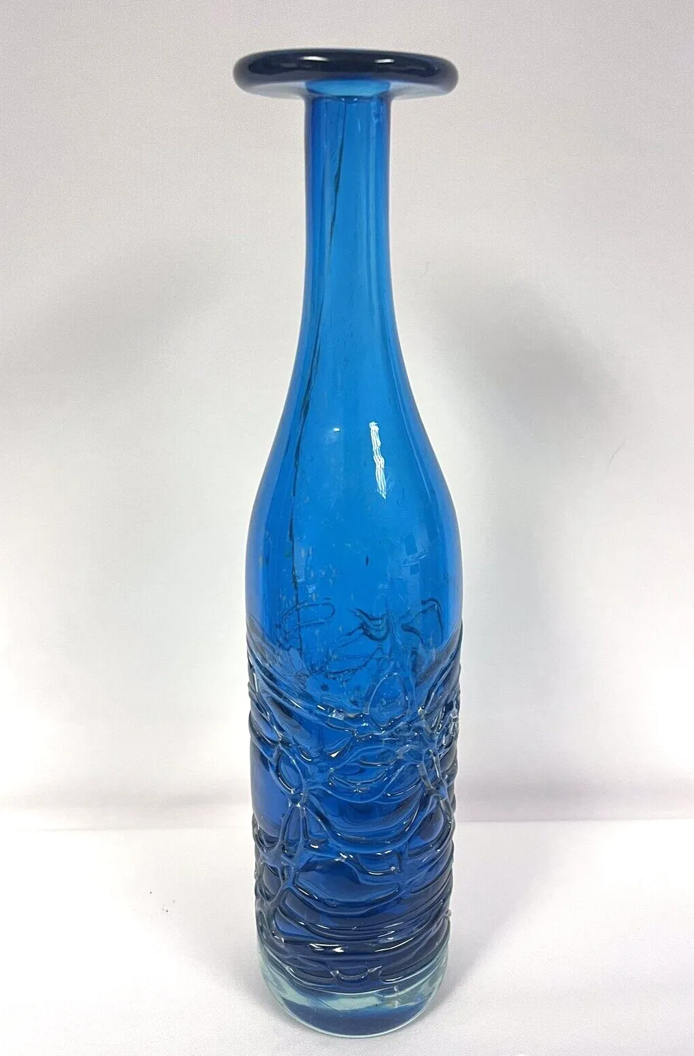 Vintage 1970s Tall Handblown Blue Glass Threaded Bottle Vase Mdina Malta photo vintage