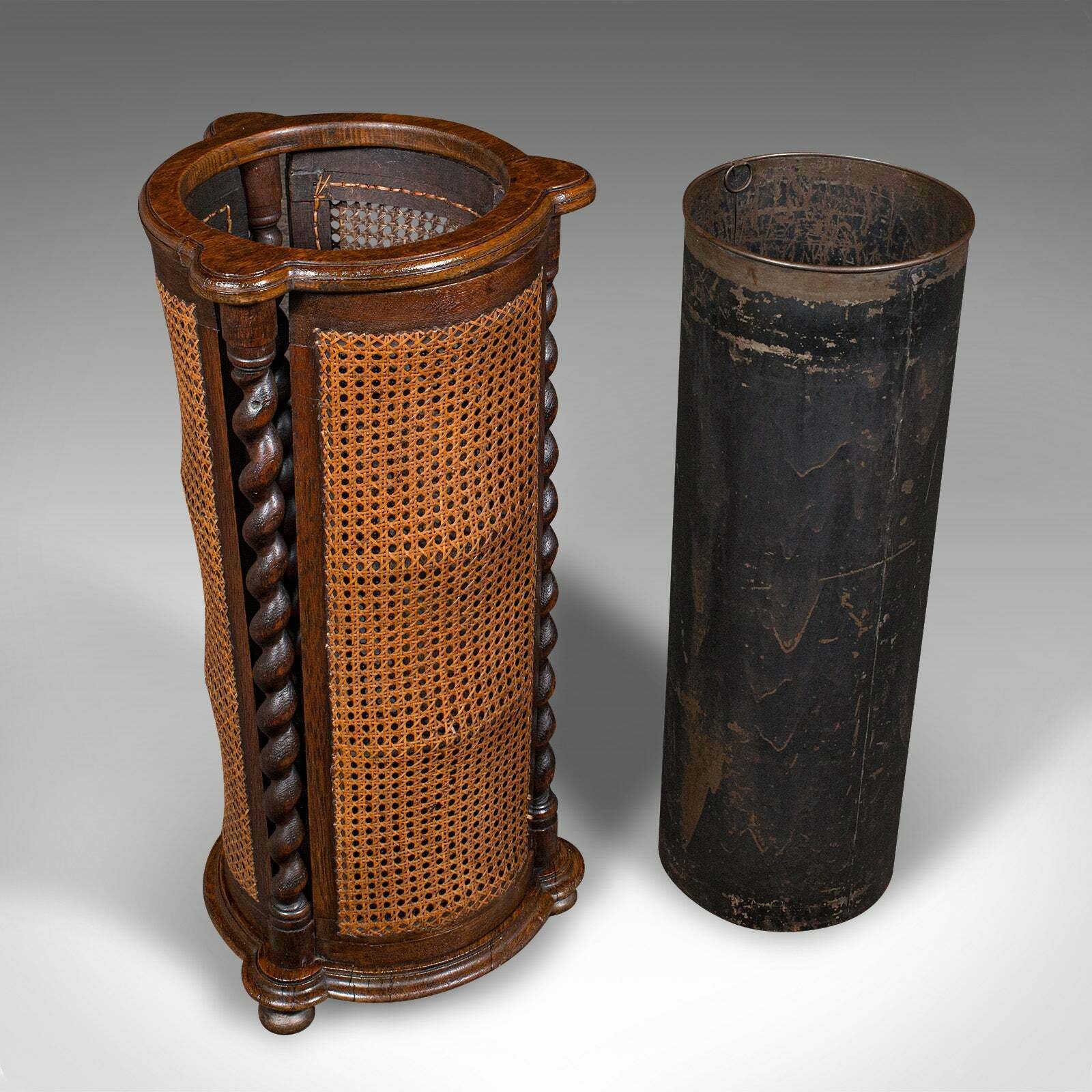 Antique Cylindrical Stick Stand, English, Oak, Reception, Umbrella, Edwardian photo furniture