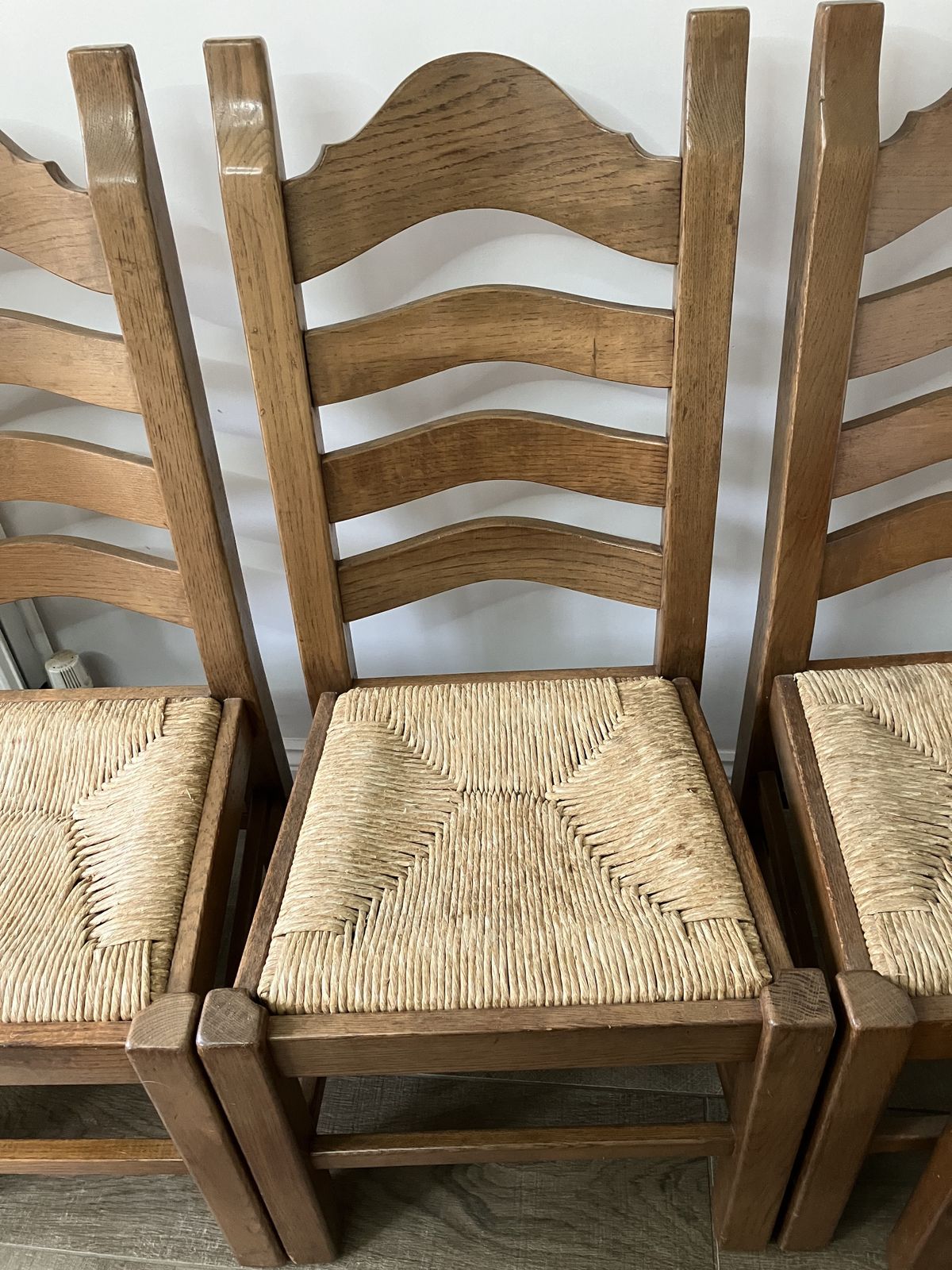 Set Of 6 Vintage Solid Oak French Style Ladder Back Dining Chairs With Rush Seats photo for sale