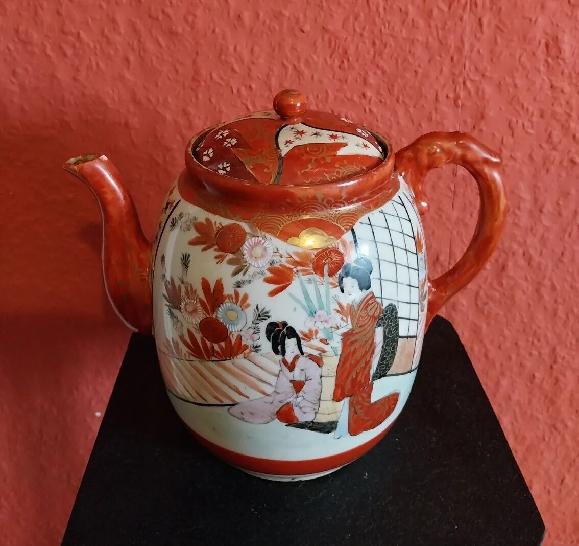 Antique Japanese Kutani Tea Pot With Porcelain Strainer Infuser Rare 19 Century