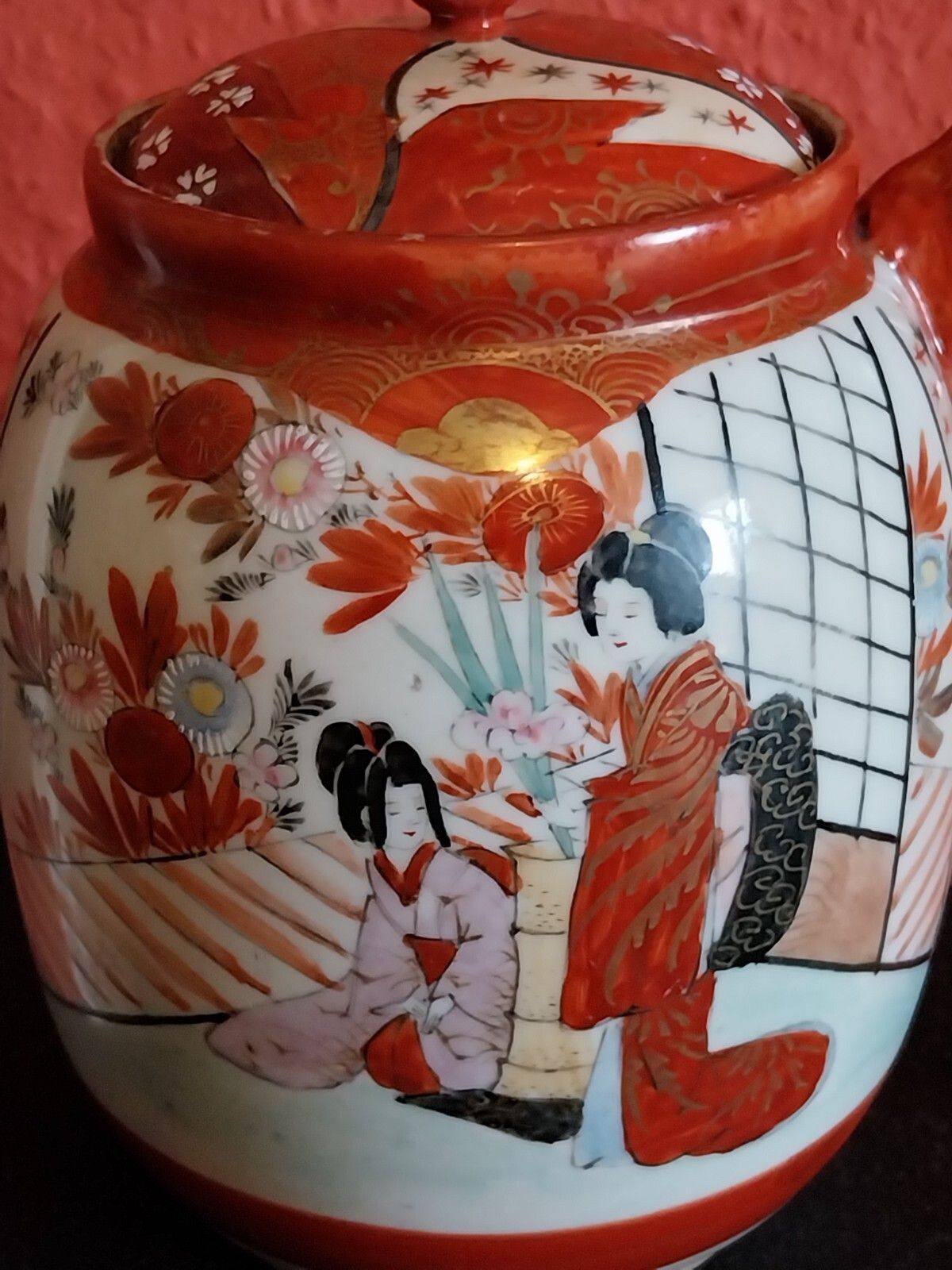 photo for sale Antique Japanese Kutani Tea Pot With Porcelain Strainer Infuser Rare 19 Century