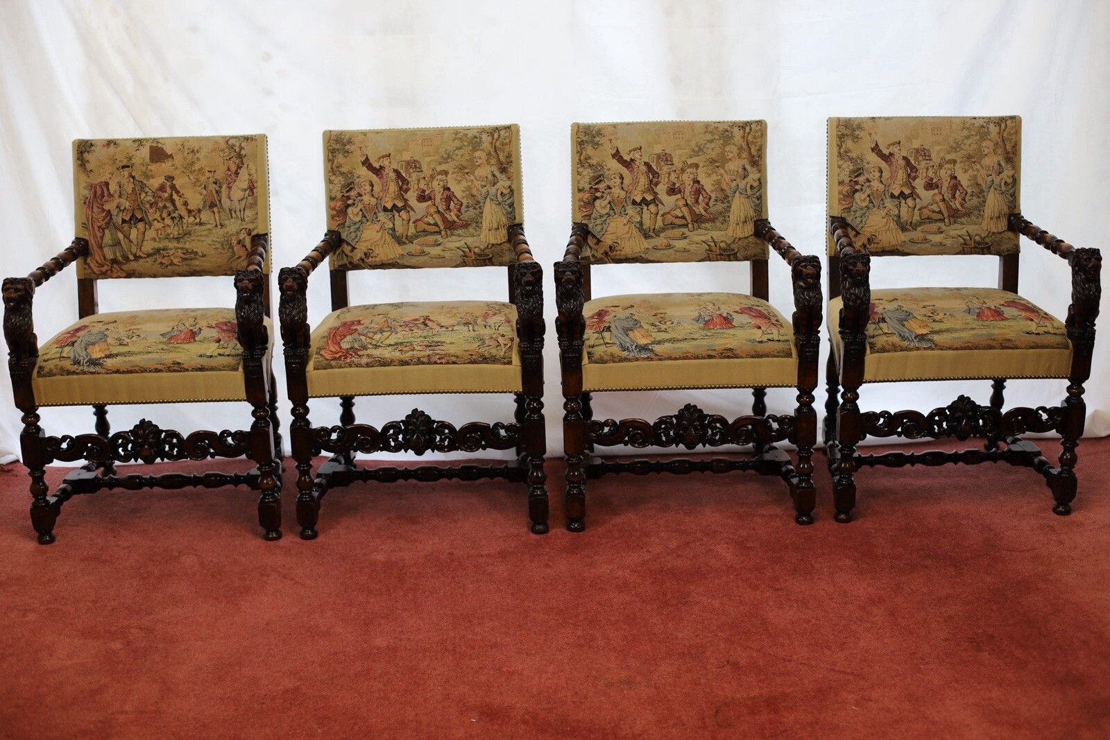 Beautiful Set Of Eight Italian Walnut Dining Armchairs In Renaissance Style photo for sale