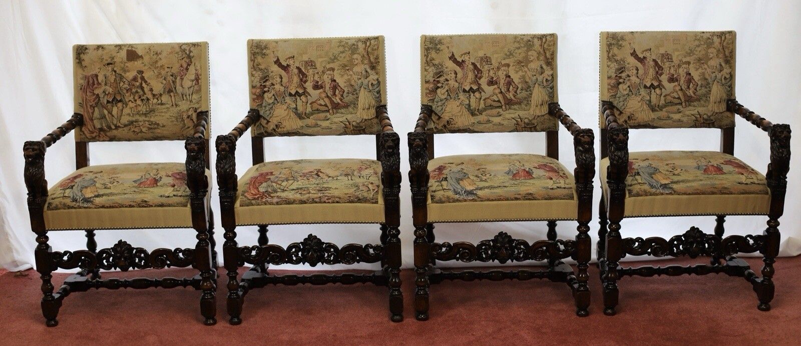 Beautiful Set Of Eight Italian Walnut Dining Armchairs In Renaissance Style photo Furniture
