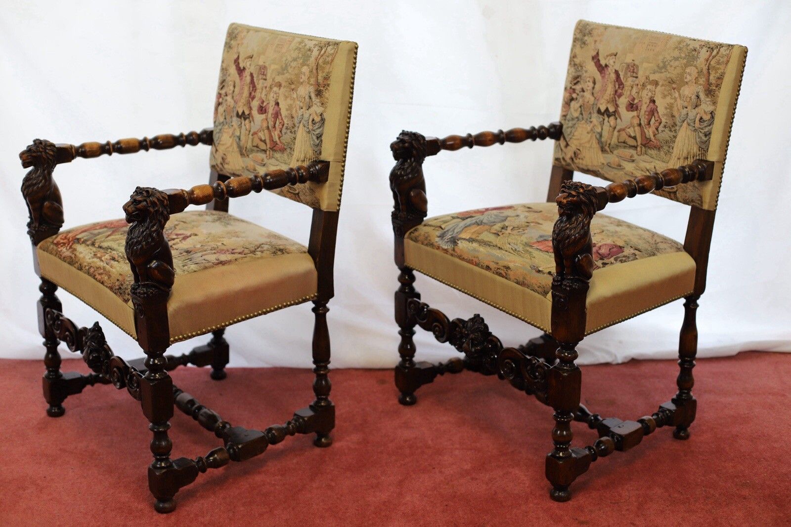 Beautiful Set Of Eight Italian Walnut Dining Armchairs In Renaissance Style photo buy
