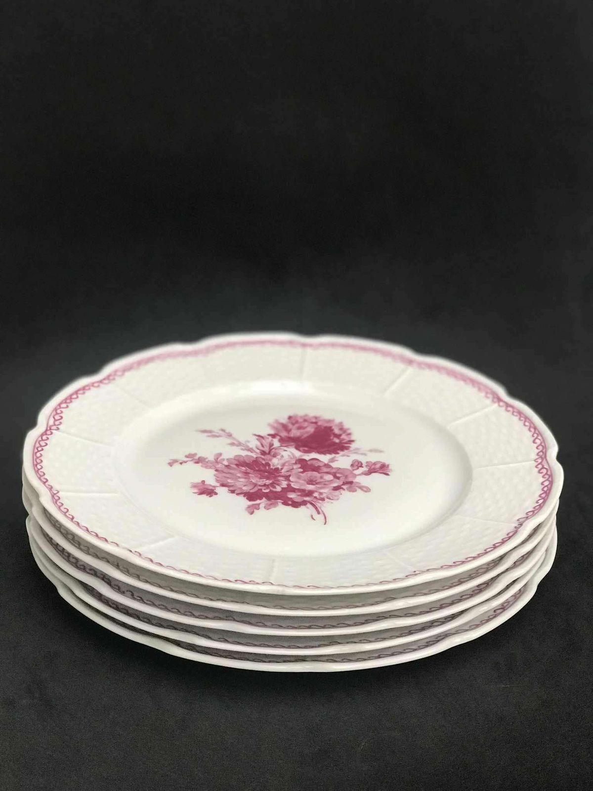 Porcelain Limoges Set 5 Raynaud & Co Fuchsia Flowers Pink Romantic Entremets Salad Dessert Plates White French Vintage Wedding Luxury photo buy