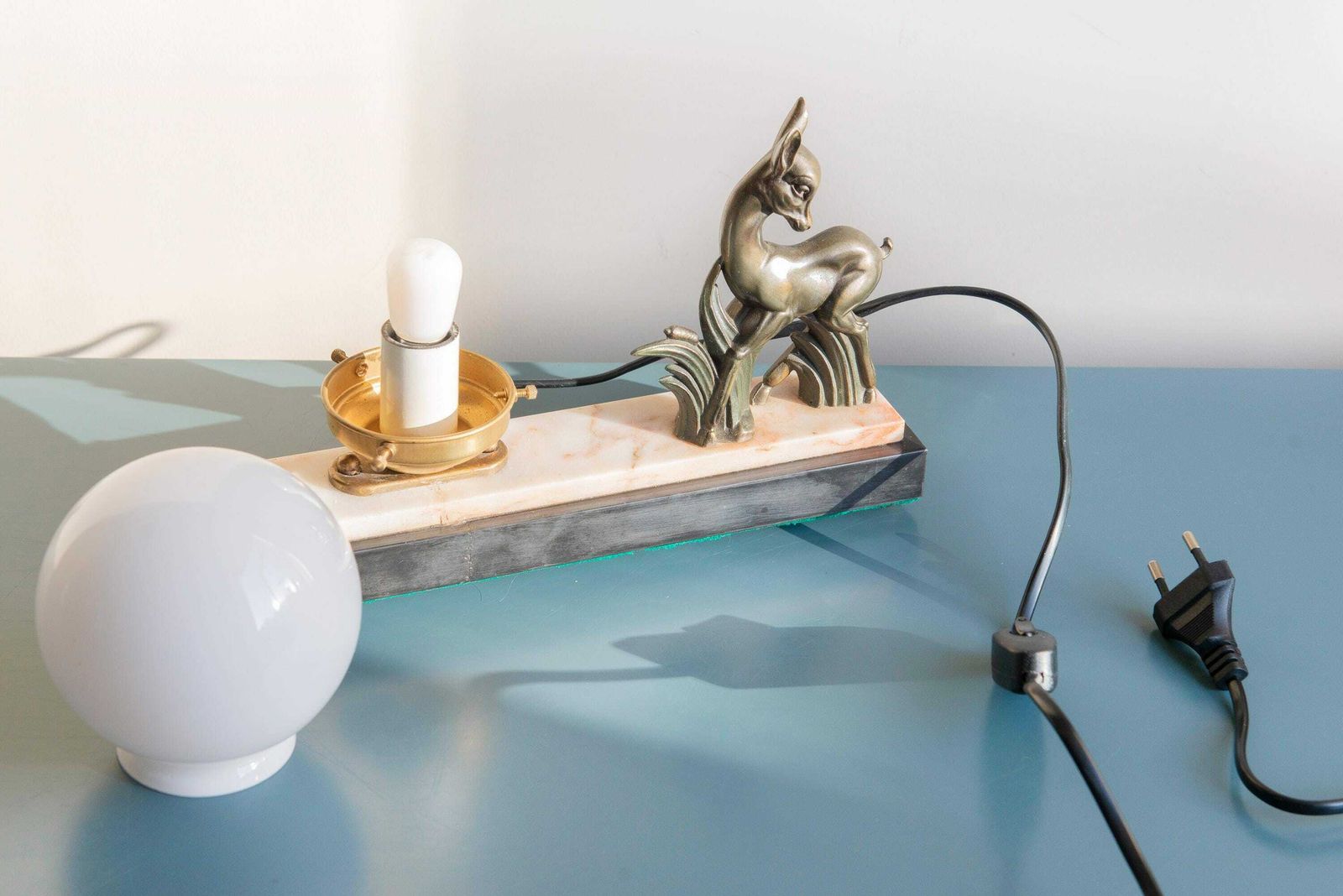 Art Deco Copper Deer Lamp, Marble Base, French Milk Glass Globe Lamp, Decorative Antique Table Lamp, 1930s photo vintage