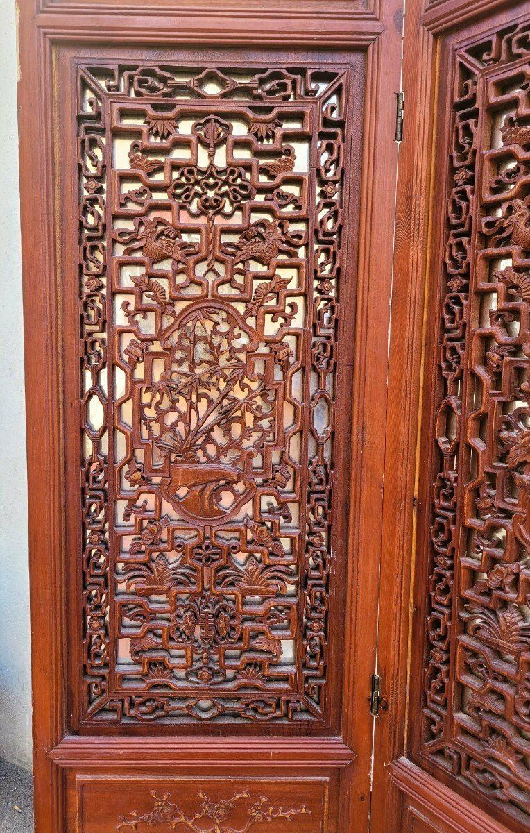 Large Carved Wooden Screen And Mirror, Asia, 20th Century photo for sale