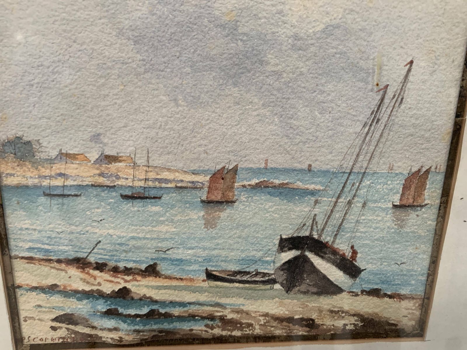 Marine Watercolor "Sailboat At Sea And Stranded On The Beach" 20th Century photo for sale