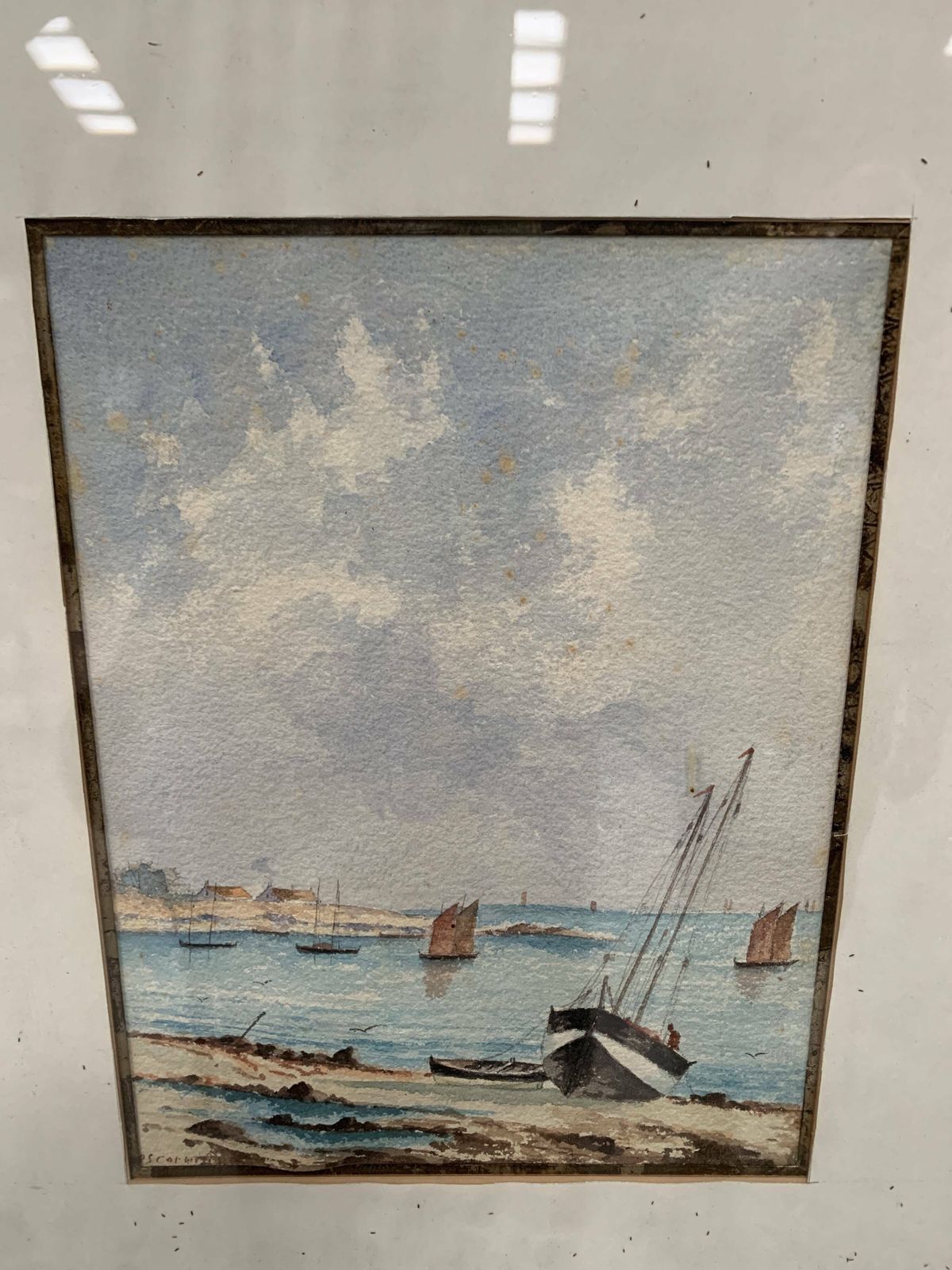 photo furniture Marine Watercolor "Sailboat At Sea And Stranded On The Beach" 20th Century