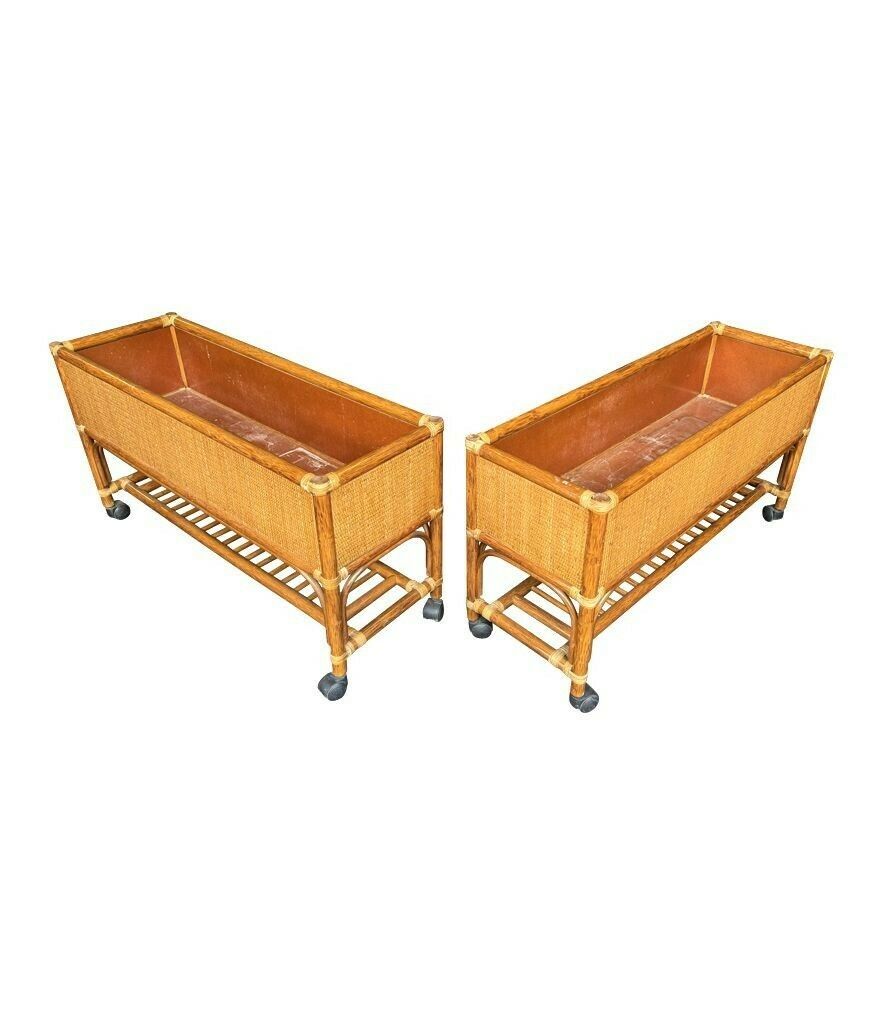 A Pair Of Italian 1970s Bamboo And Rattan Planters On Castors photo 1250.0