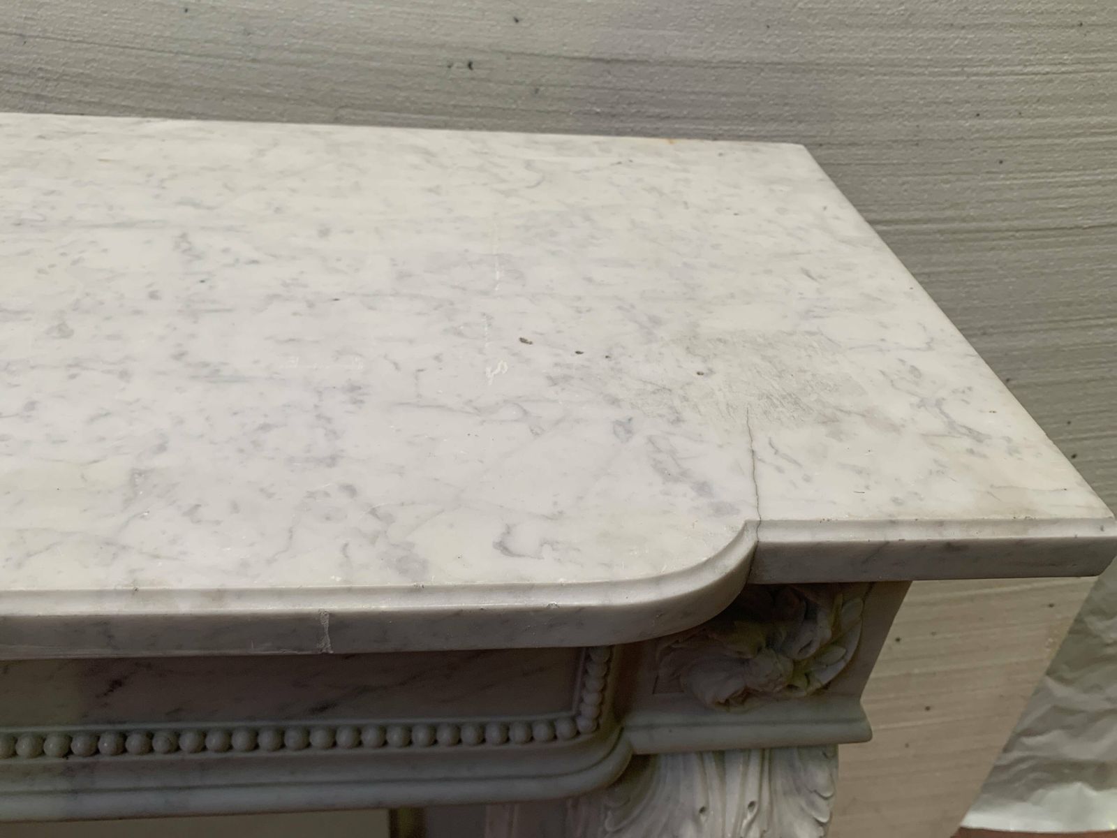 Louis XVI Style Fireplace In White Carrara Marble, 19th Century photo for sale