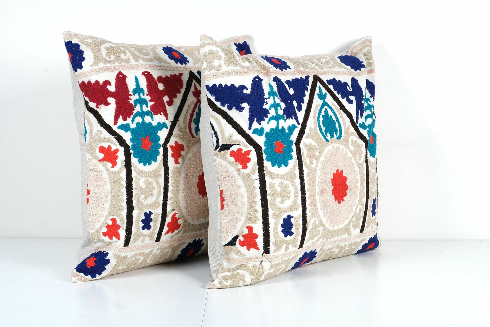 Square Exquisite White Washed Neutral Beige Terrific Art Accent Pillow Cover,  Blue Animal Suzani Cushion Cover photo for sale