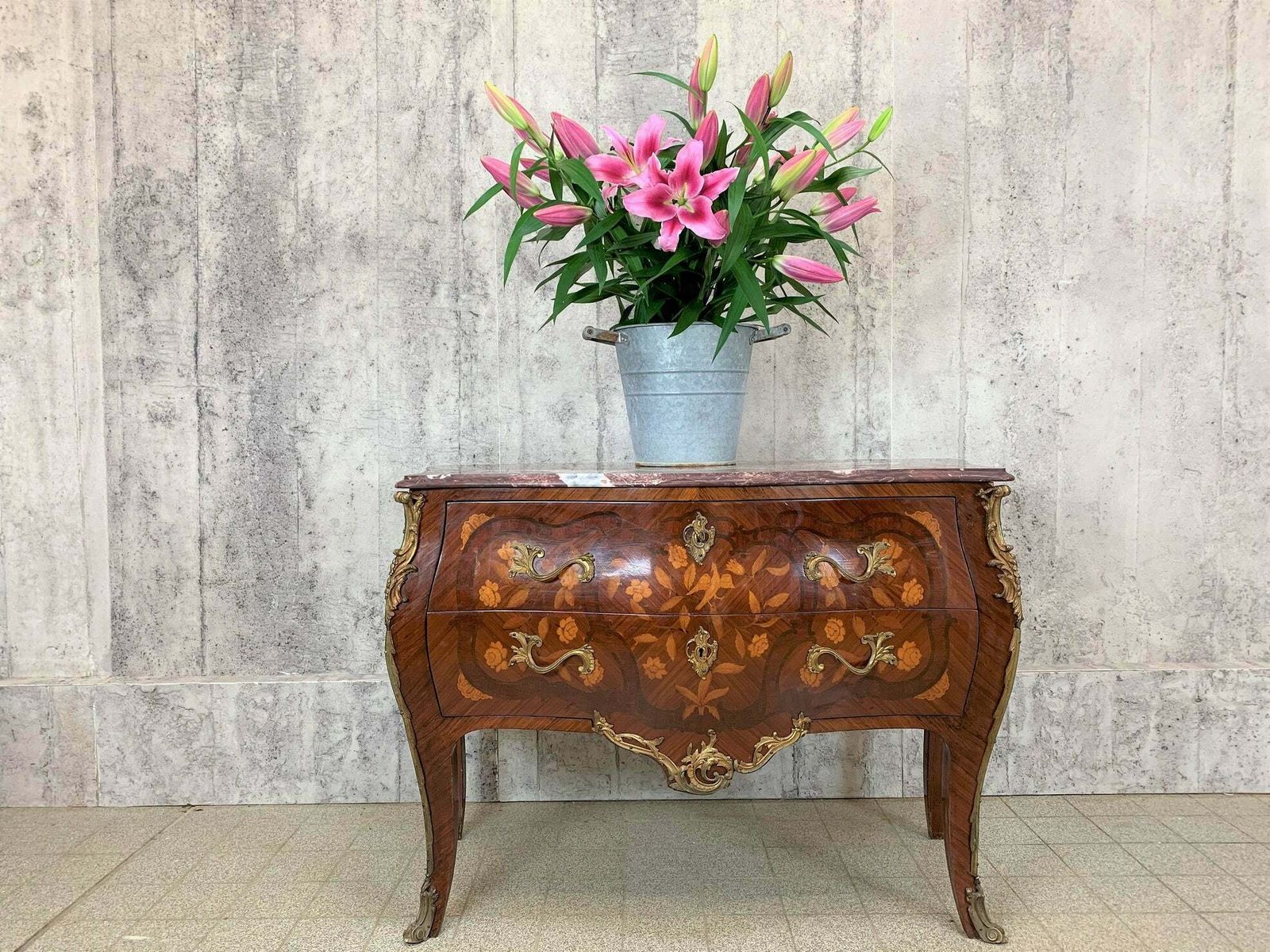 Louis XV Style Marble Topped Bombe Chest Of Drawers Commode