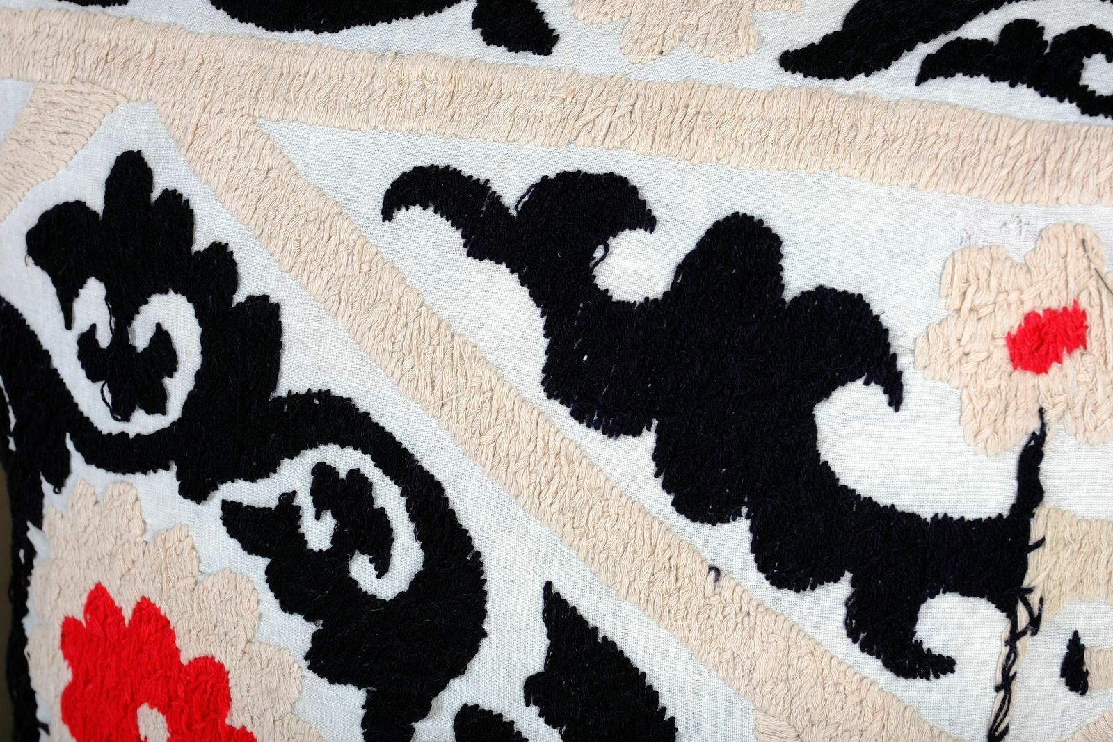 Set Of Two Beige Suzani Cushion Cover, Suzani Pillow Case Made From A 19th Century Suzani, Pair Black Uzbek  Cover photo for sale