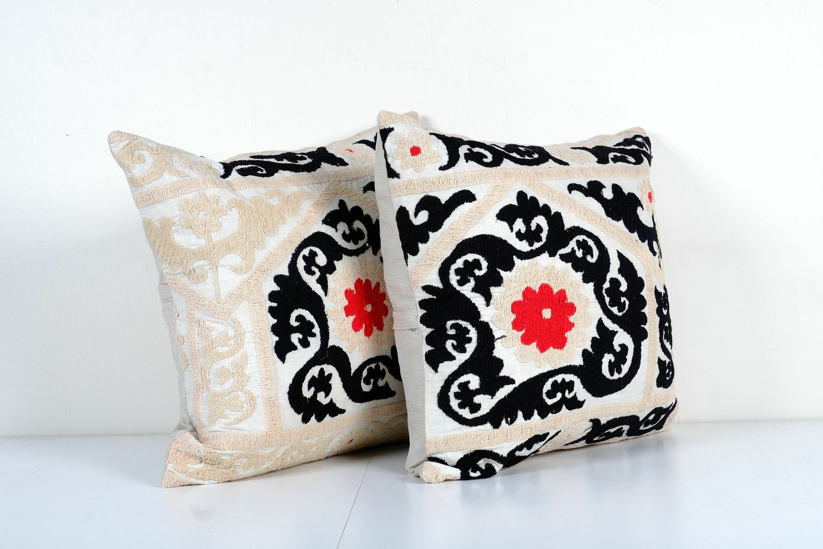 Set Of Two Beige Suzani Cushion Cover, Suzani Pillow Case Made From A 19th Century Suzani, Pair Black Uzbek  Cover photo Textiles