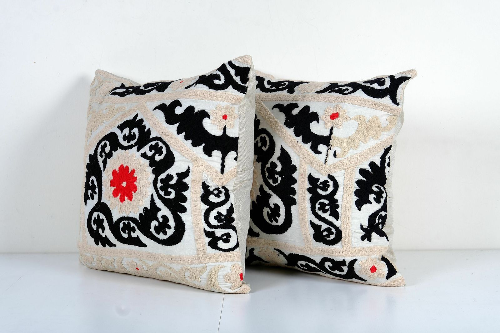 Set Of Two Beige Suzani Cushion Cover, Suzani Pillow Case Made From A 19th Century Suzani, Pair Black Uzbek  Cover photo vinterior