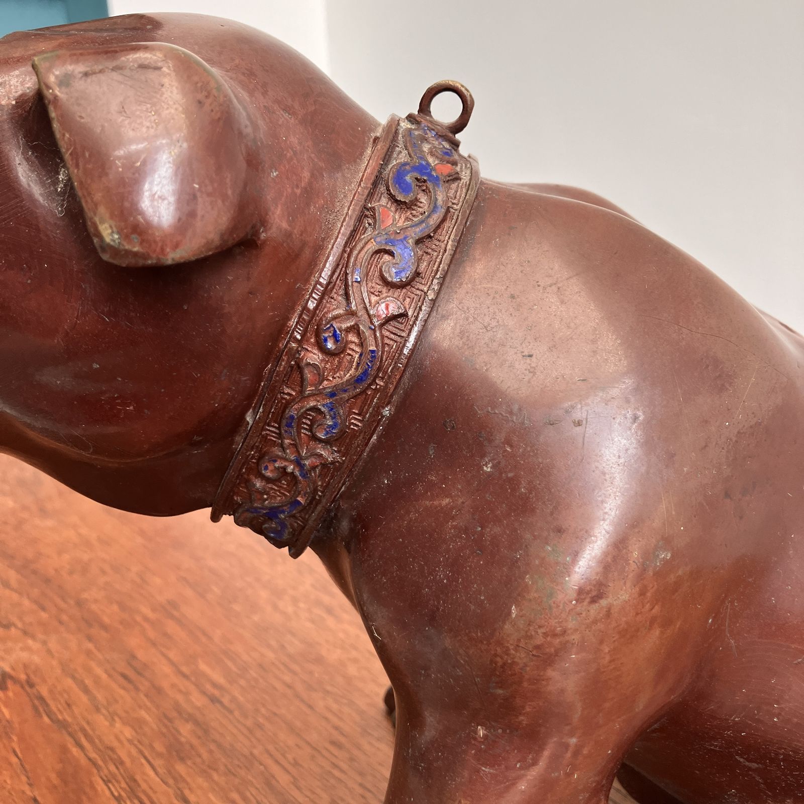 A Vintage Patinated Bronze Bulldog Sculpture 24cm Tall With Cold Painted Blue And Red Collar photo Art
