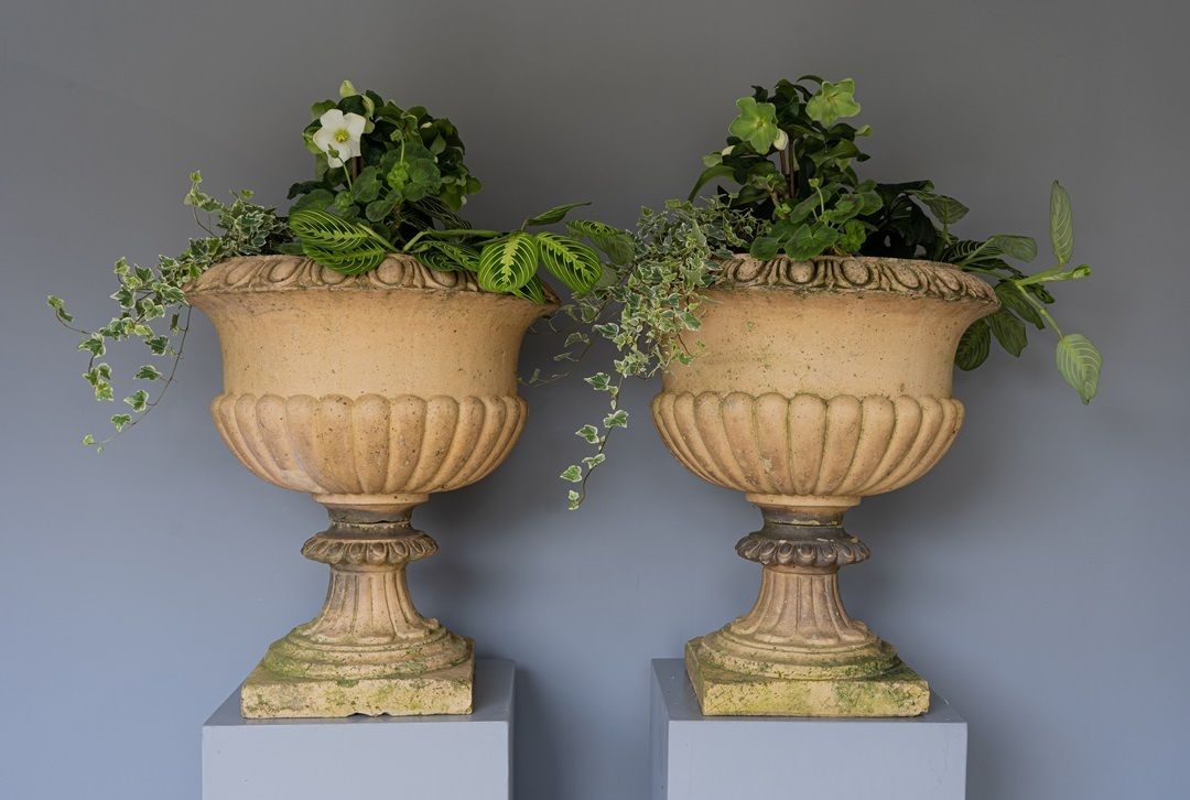 Pair Of Buff Terracotta Garden Urns photo Garden Decor