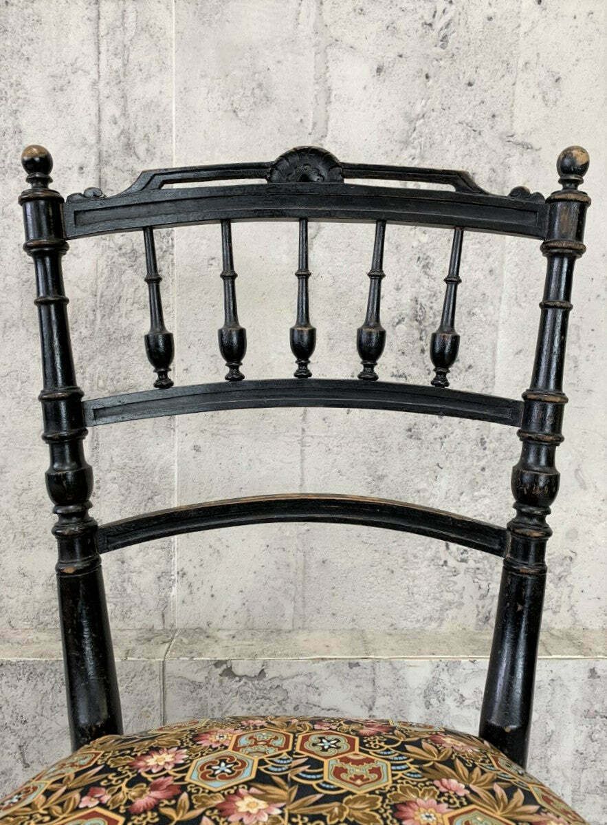 Pair Of Decorative Ebonised Napoleon III Hand Painted Bedroom Chairs photo for sale