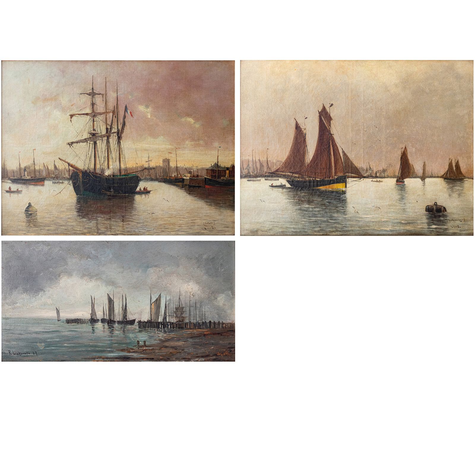 Collectie Van Drie 19e Eeuwse Marineschilderijen — Verschillende Kunstenaars photo Kunst