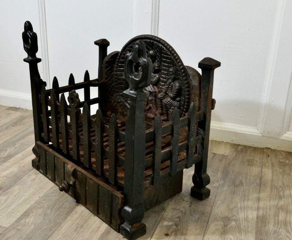 Gothic Style Free Standing Fire Basket With Decorative Back And Ash Pan photo vinterior