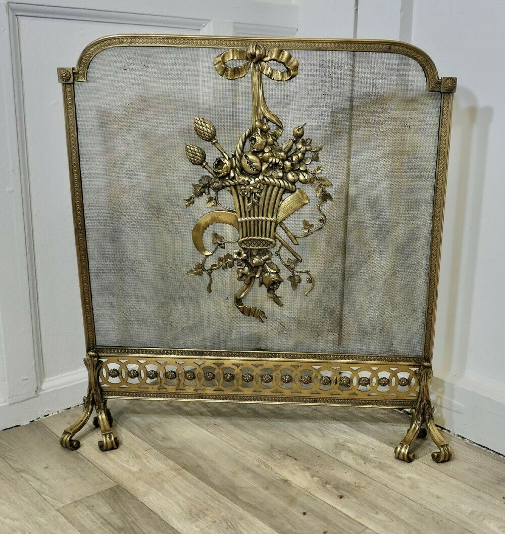 Free Standing French Brass Rococo Fire Guard, Spark Screen
