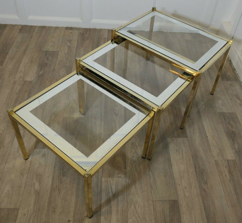 Art Deco Glass Mirror And Brass Nest Of Tables photo for sale