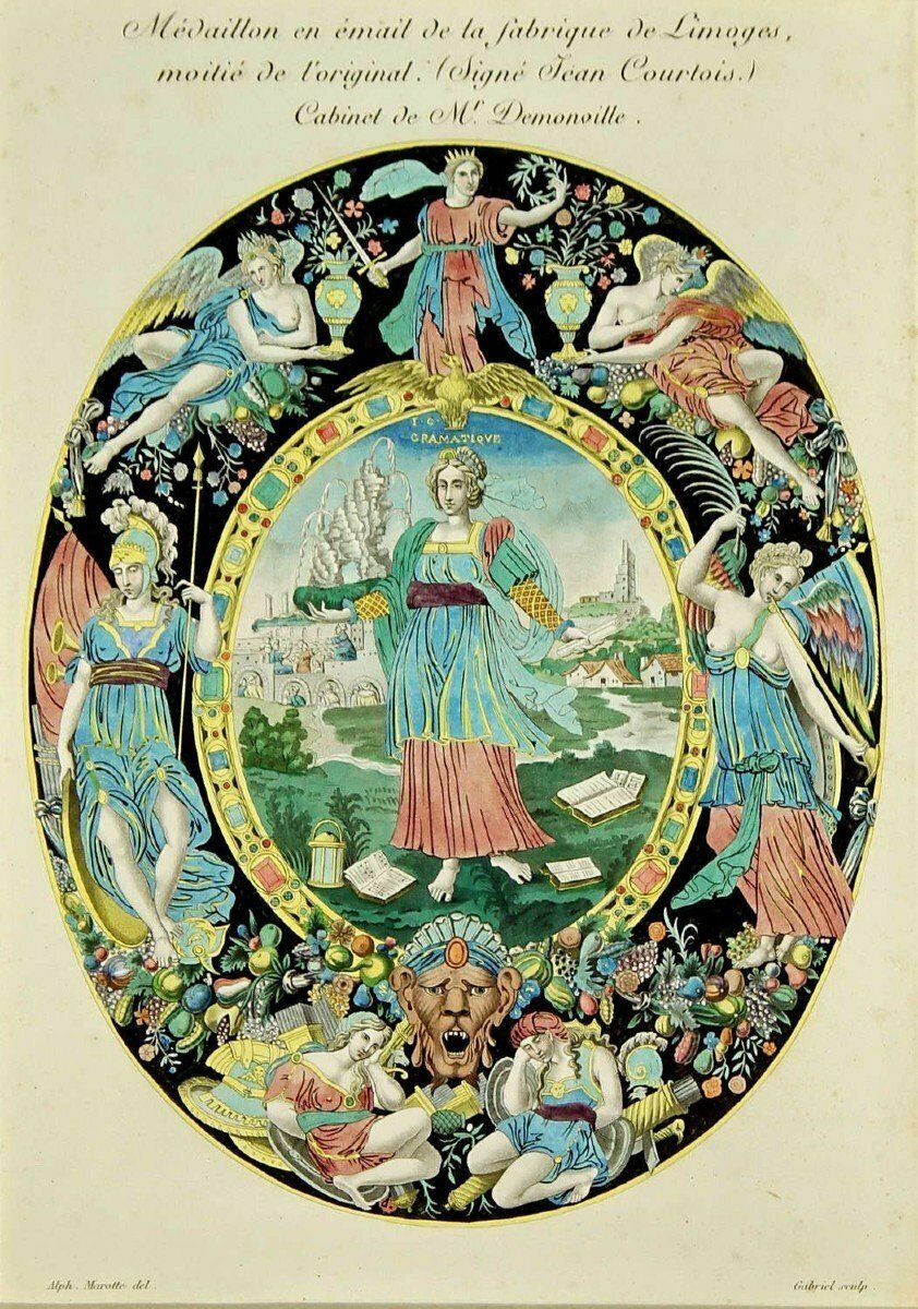Large Engraving Representing An Enamel Medallion From The Limoges Factory   Ep. Xixth photo for sale