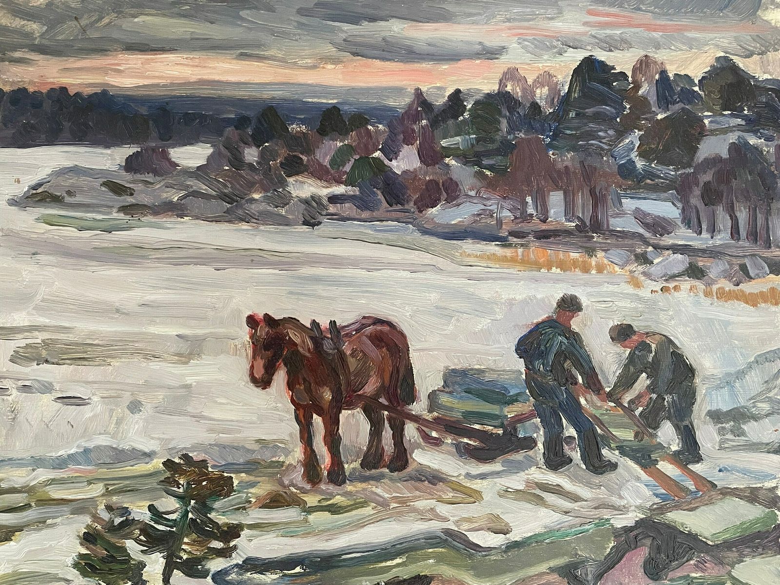 Vintage Original Oil Framed Swedish Painting Winter Snow Horse And Sleigh/Cart In Pastel Colours photo furniture