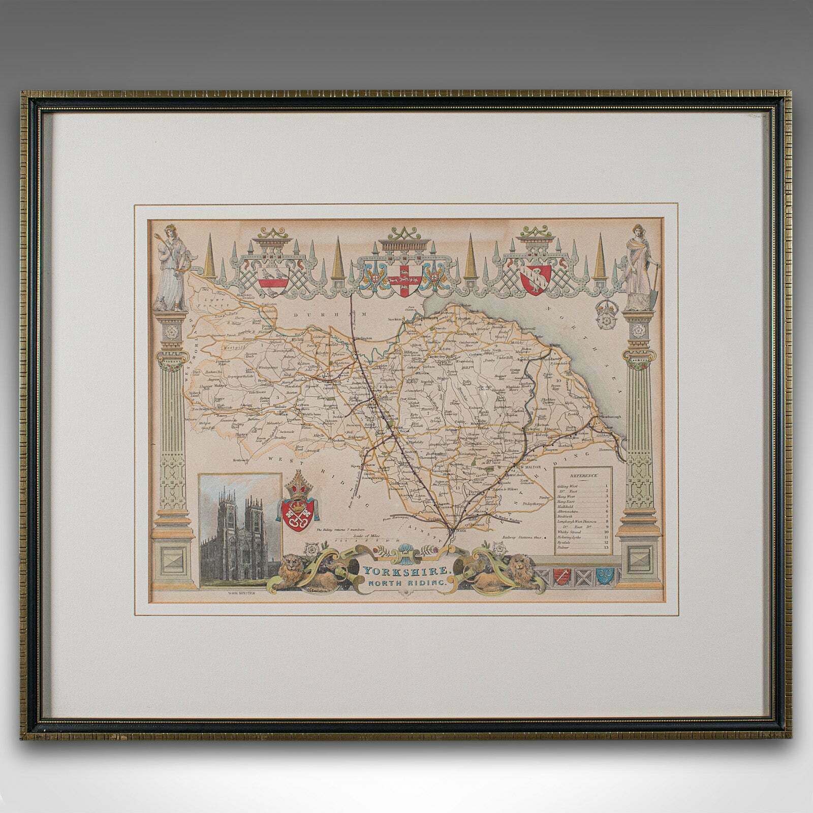 Antique North Yorkshire Map, English, Framed Lithography, Cartography, Victorian photo furniture
