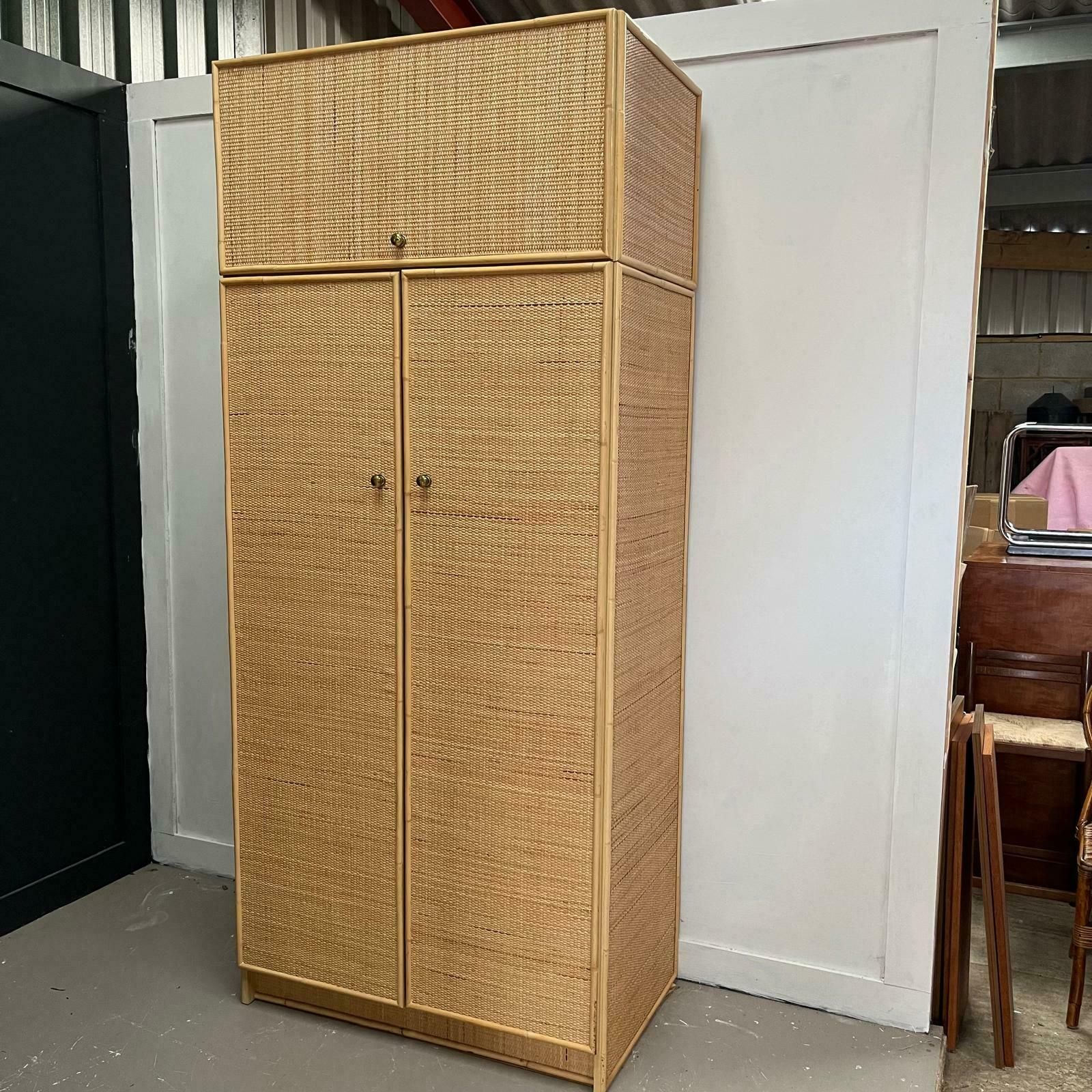 Vintage Rattan Double Wardrobe With Upper Storage Cupboard photo furniture