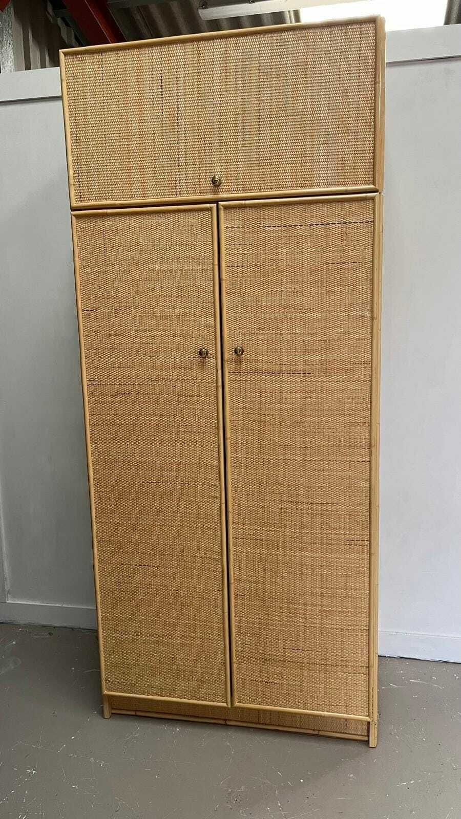 Vintage Rattan Double Wardrobe With Upper Storage Cupboard photo for sale