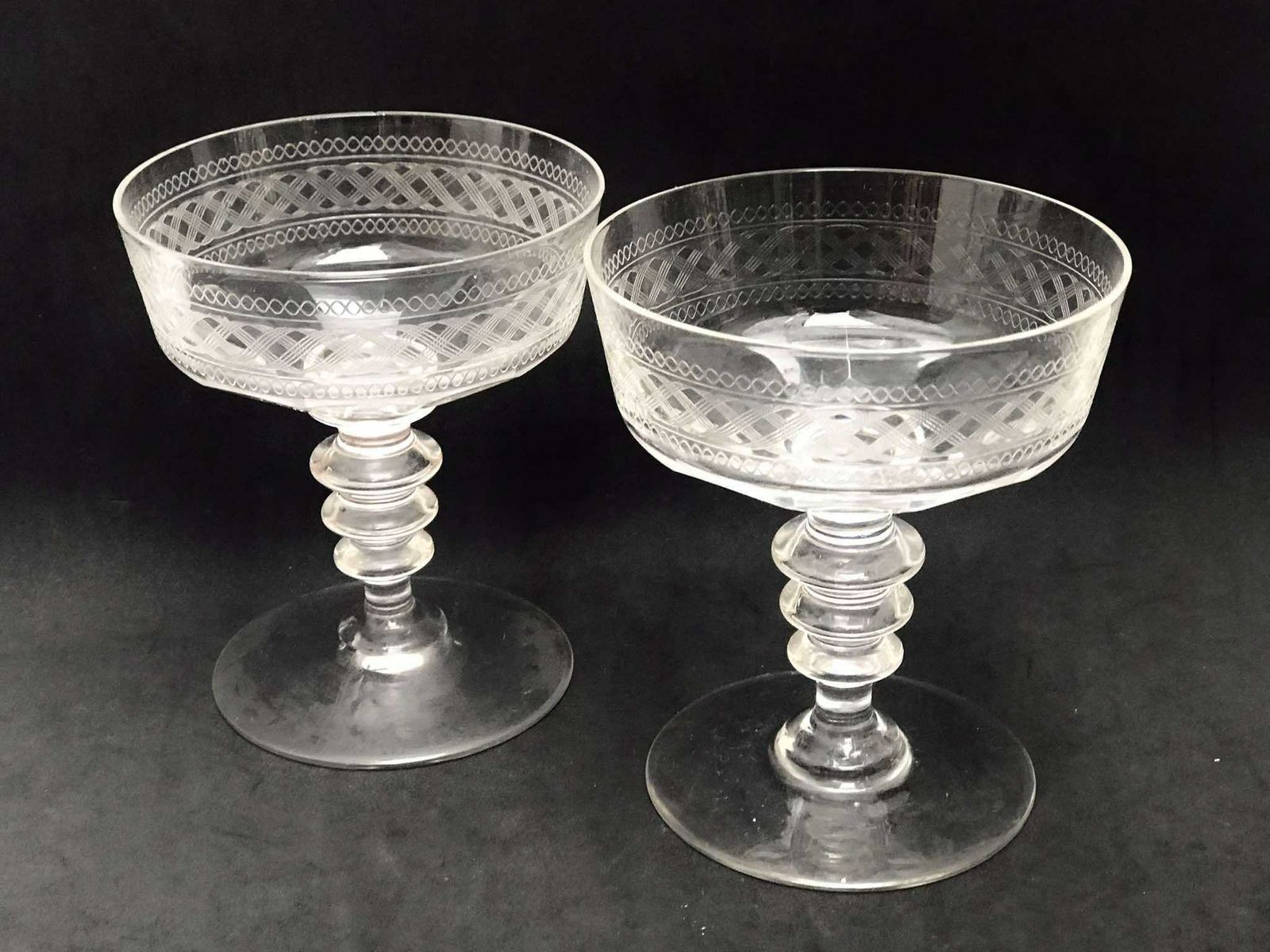 2 Champagne Coupes Antique Crystal Cut Coupes 1860s French Stem Bar Cart Decor Wedding Bartender Cocktail Glasses Gift Toast Wedding photo for sale