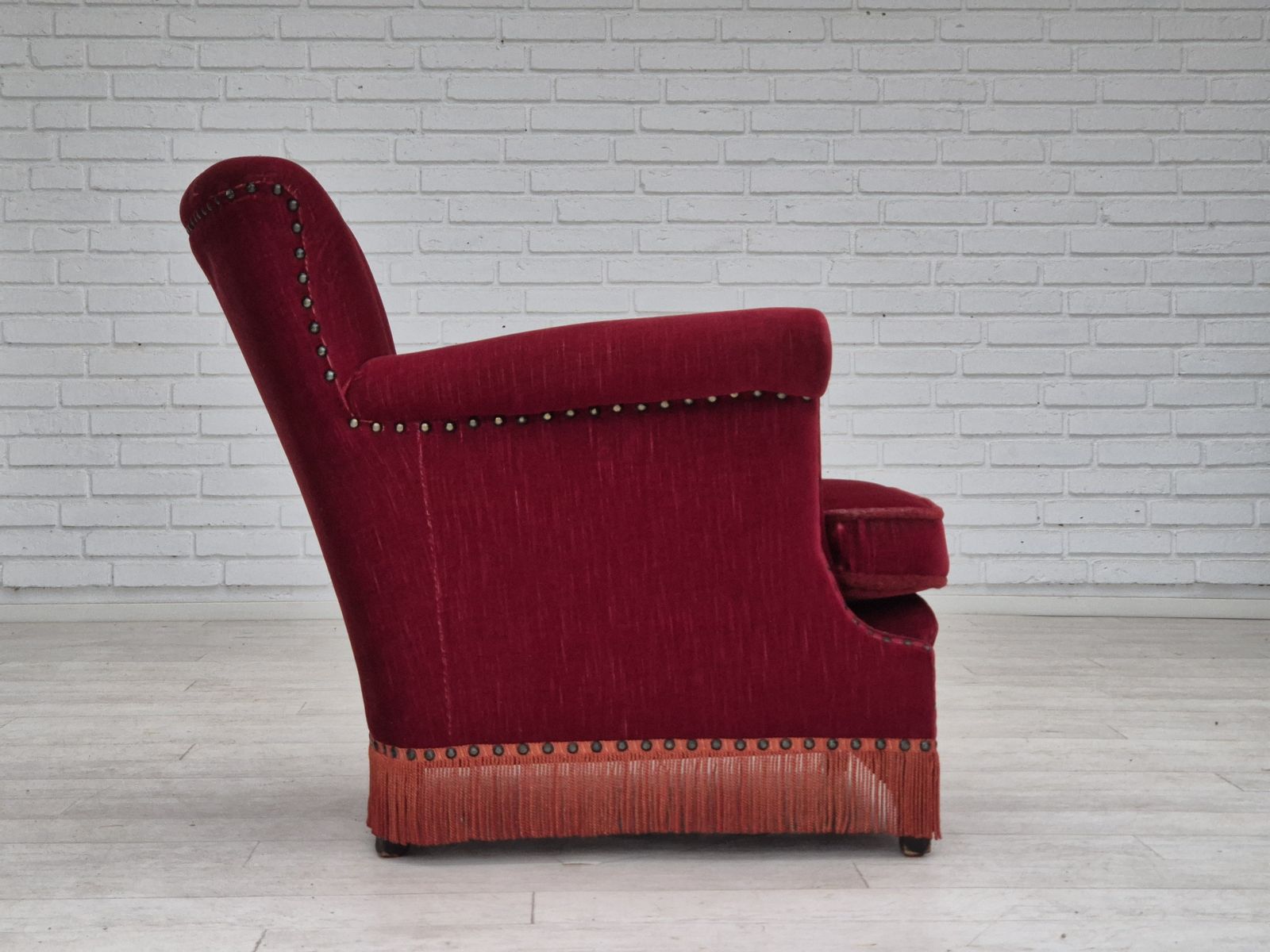 1970s, Danish Lounge Chair, Original Condition, Cherry Red Velour Fabric. photo for sale