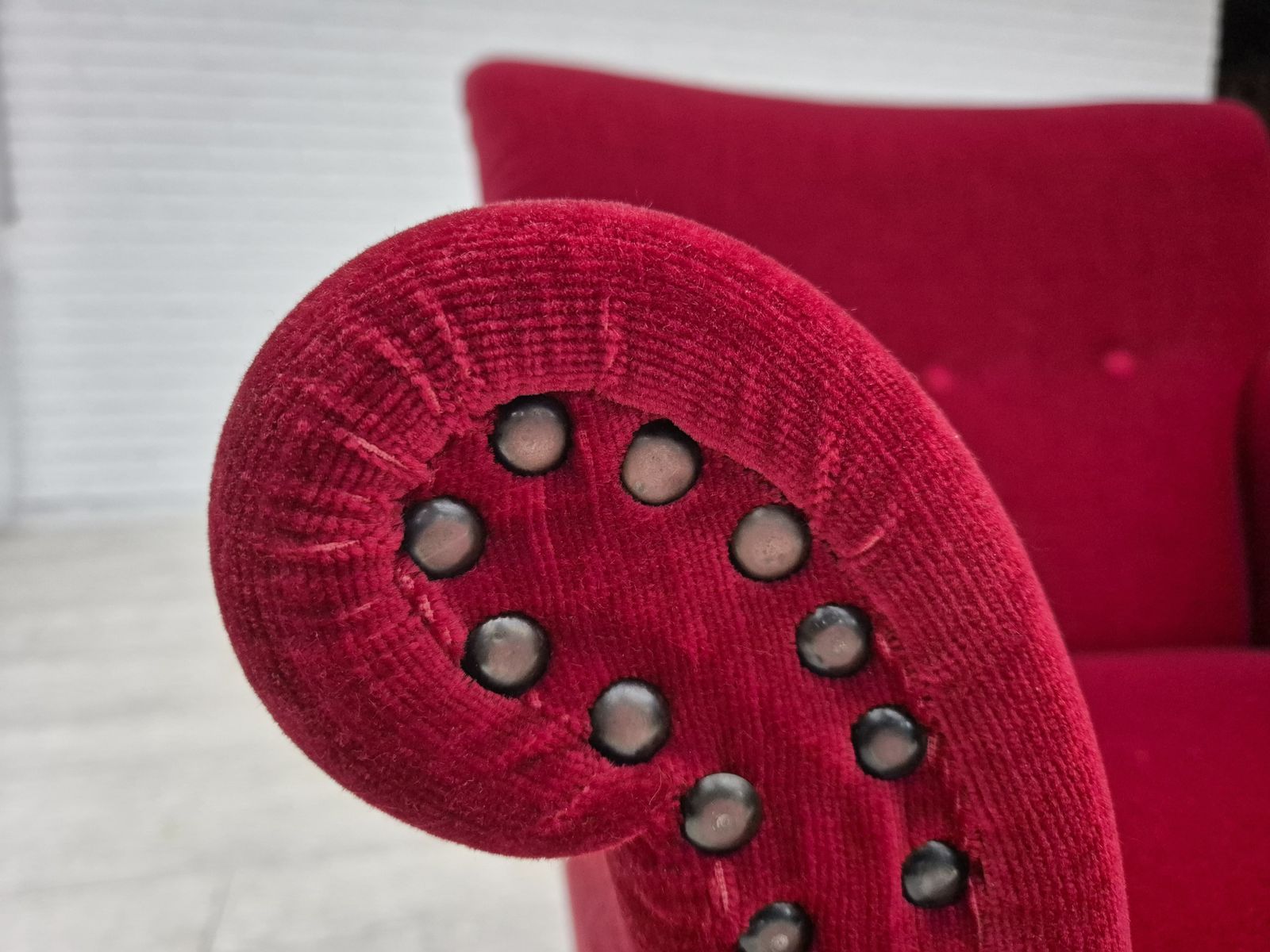 1090.0 1970s, Danish Lounge Chair, Original Condition, Cherry Red Velour Fabric. photo