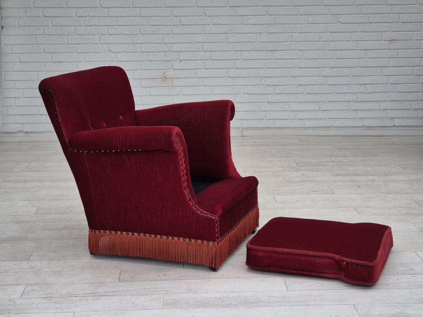photo buy 1970s, Danish Lounge Chair, Original Condition, Cherry Red Velour Fabric.