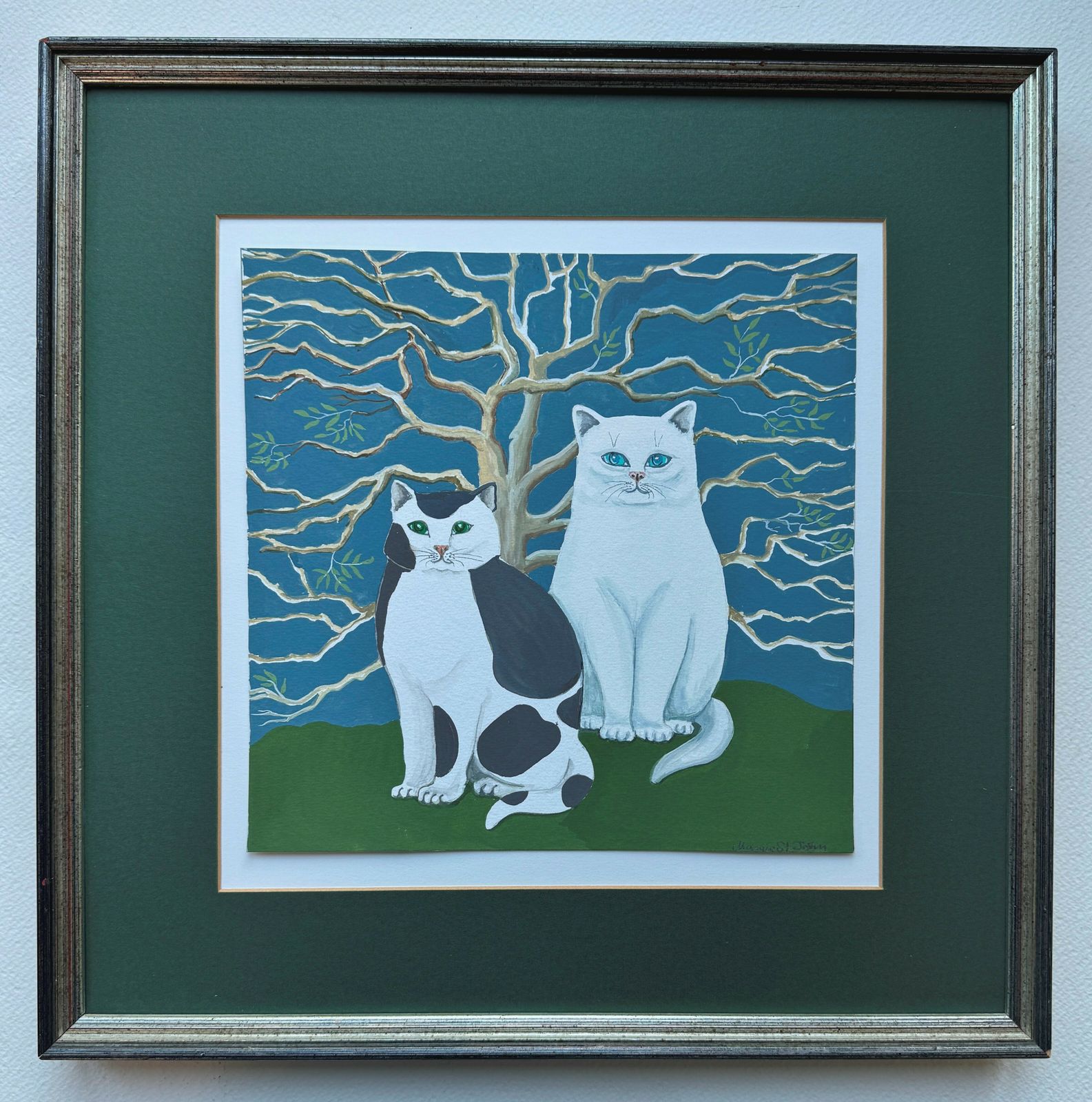 Pair Of Cats Original Signed Watercolour & Gouache Painting photo for sale