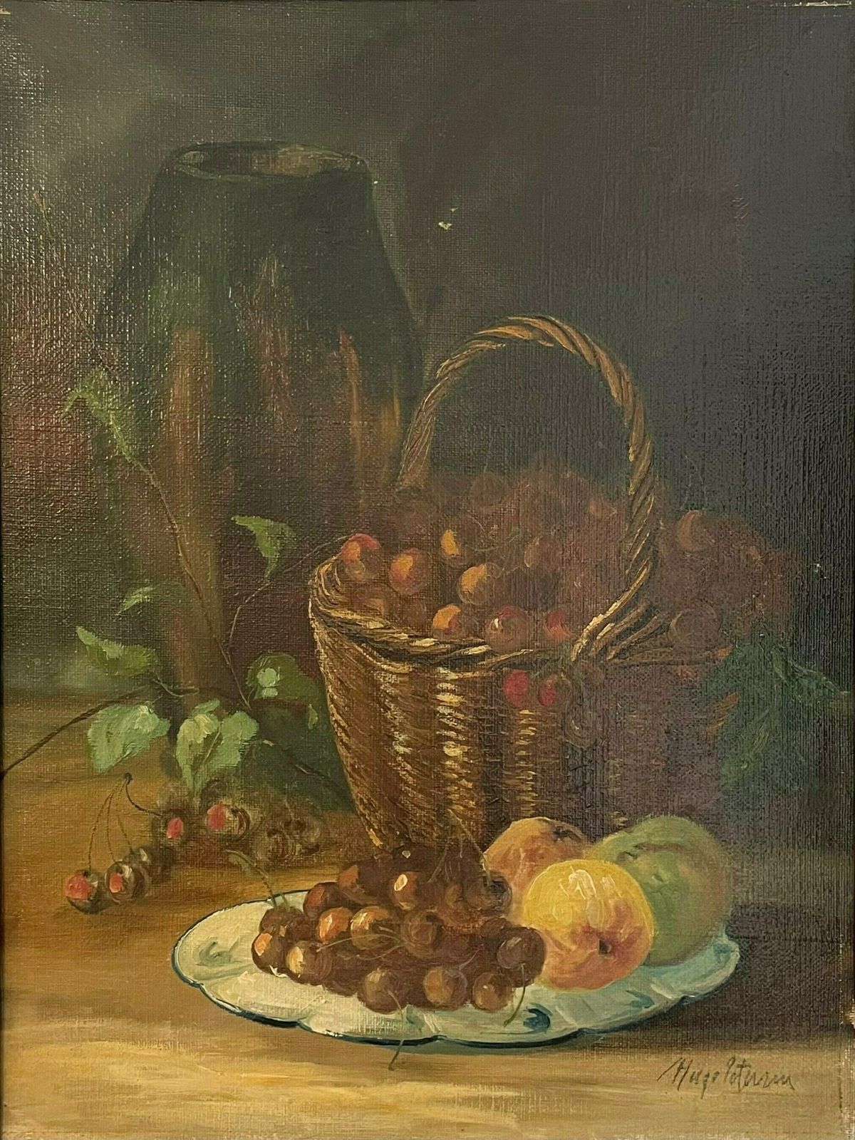 Stunning Vintage Still Life 1930s Original Oil Painting With Motive Of Fruit And Ceramic Vase In A Dark Setting Painted By Hugo Petersen photo furniture