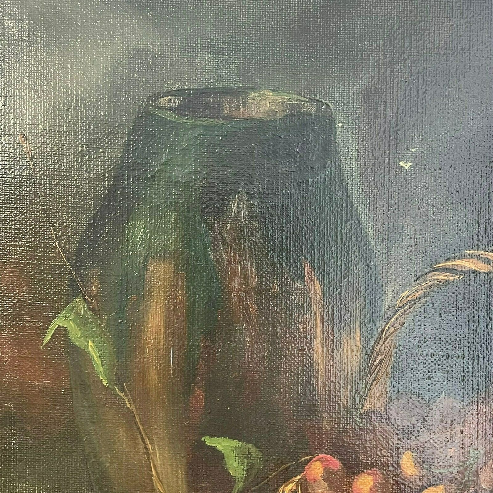 Stunning Vintage Still Life 1930s Original Oil Painting With Motive Of Fruit And Ceramic Vase In A Dark Setting Painted By Hugo Petersen photo 265.0