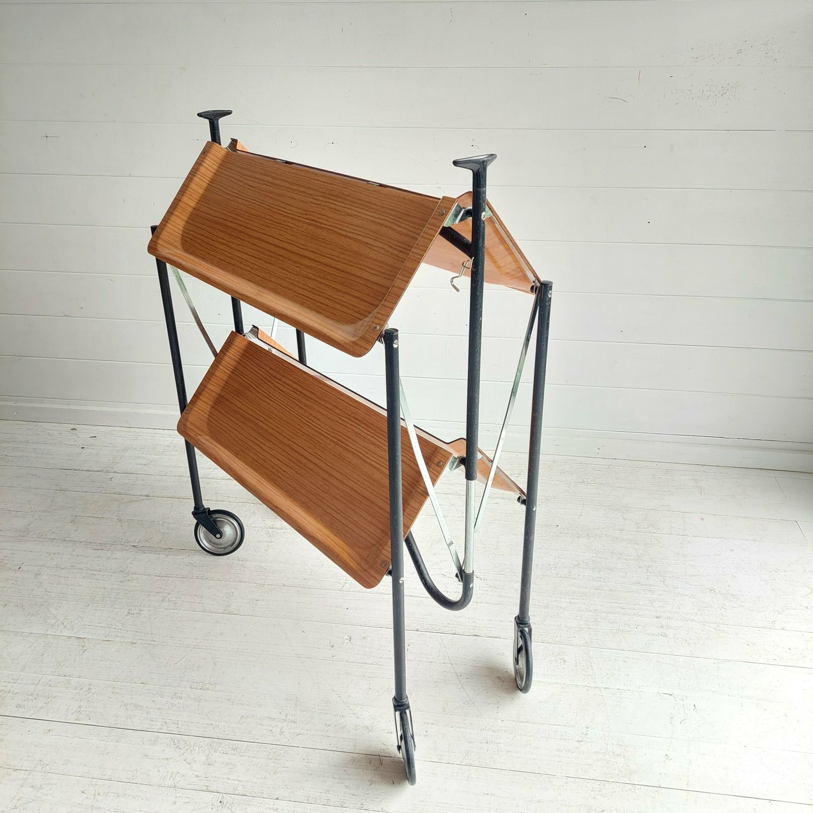 Mid Century Foldable Serving Teak Formica Trolley 2 Tier Bar Cart, 1960s photo Furniture