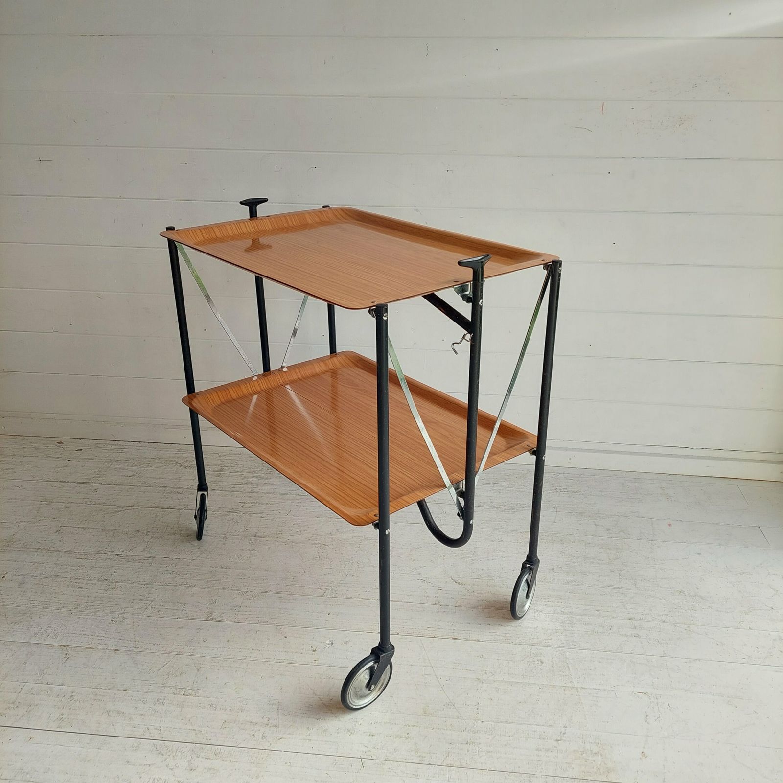Mid Century Foldable Serving Teak Formica Trolley 2 Tier Bar Cart, 1960s