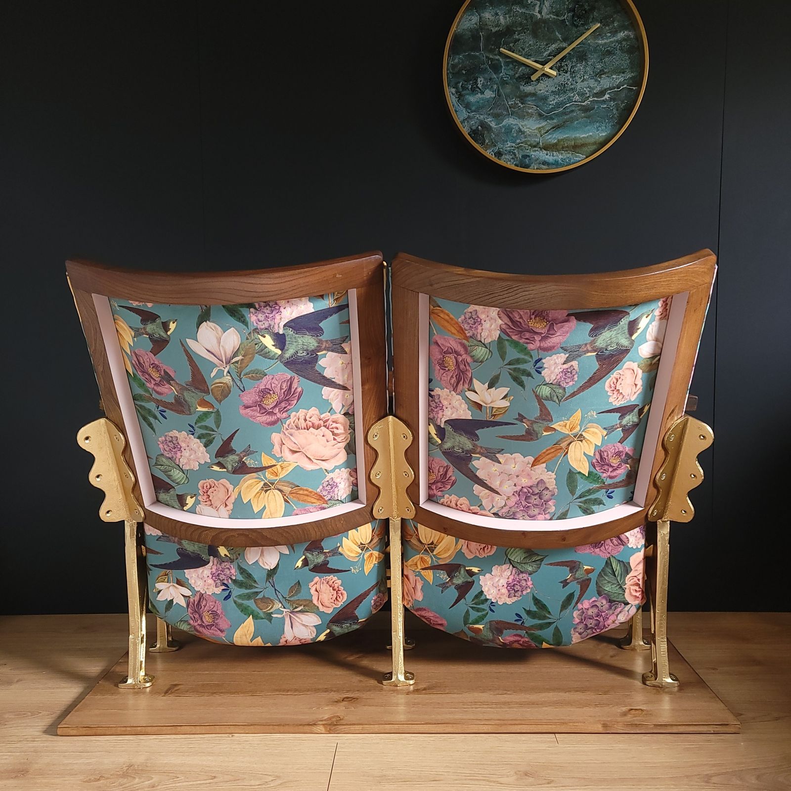 Two Refurbished Vintage Cinema Seats In Gorgeous Swallows And Blooms Velvet photo furniture