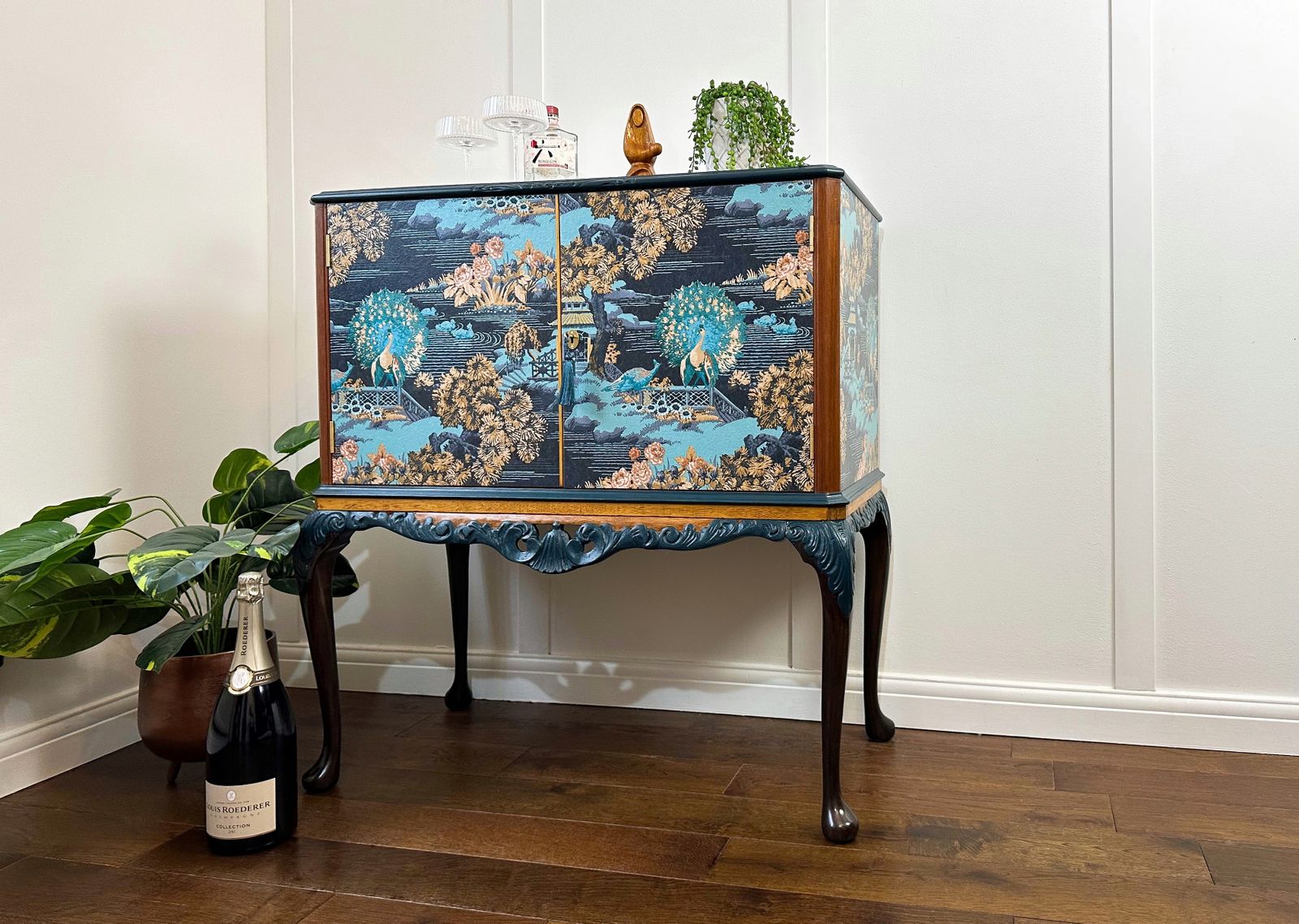 2375.0 Oriental Queen Anne Cocktail Cabinet, Blue  Drinks Bar, Living Room Drinks Unit With Carved Details, Statement Furniture, Made To Order. photo